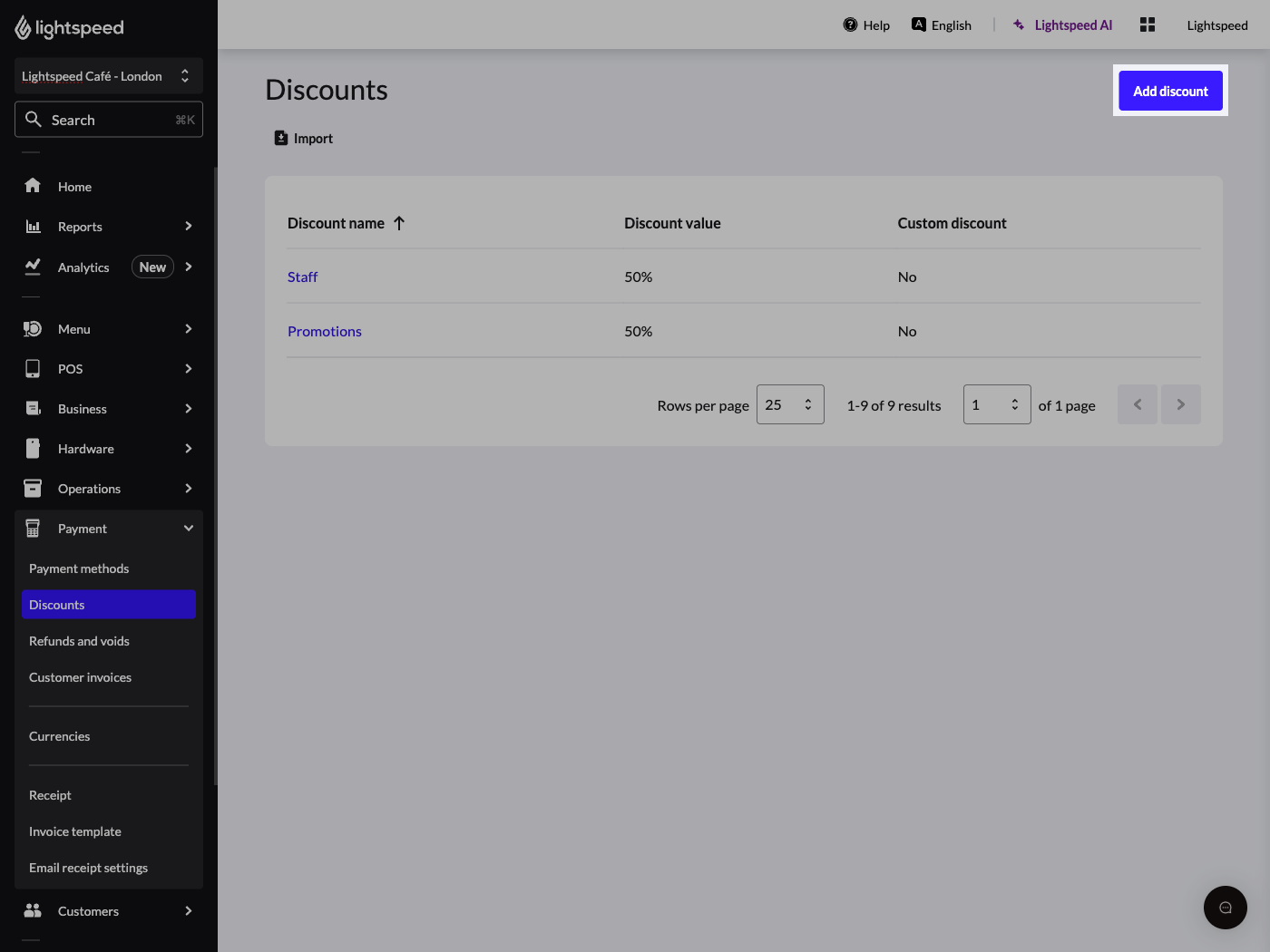 The Discounts landing page in Lightspeed Restaurant Back Office. The button titled 'Add discount' has been highlighted.