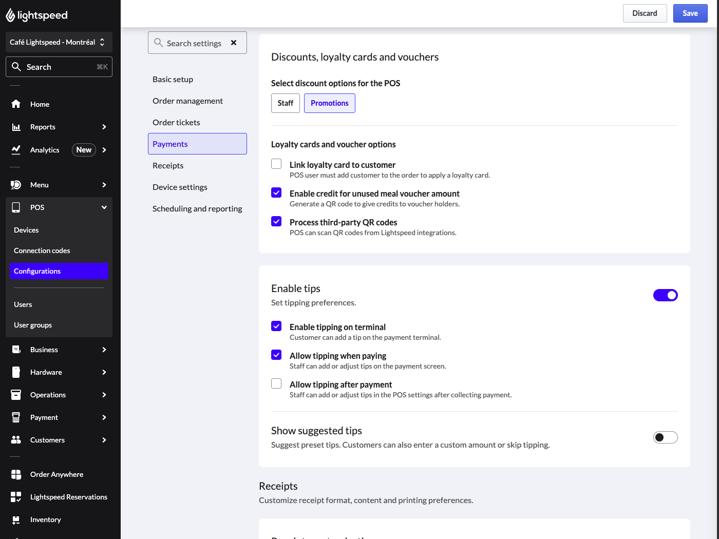 The Payments section of the POS Configuration page. Tips have been enabled.