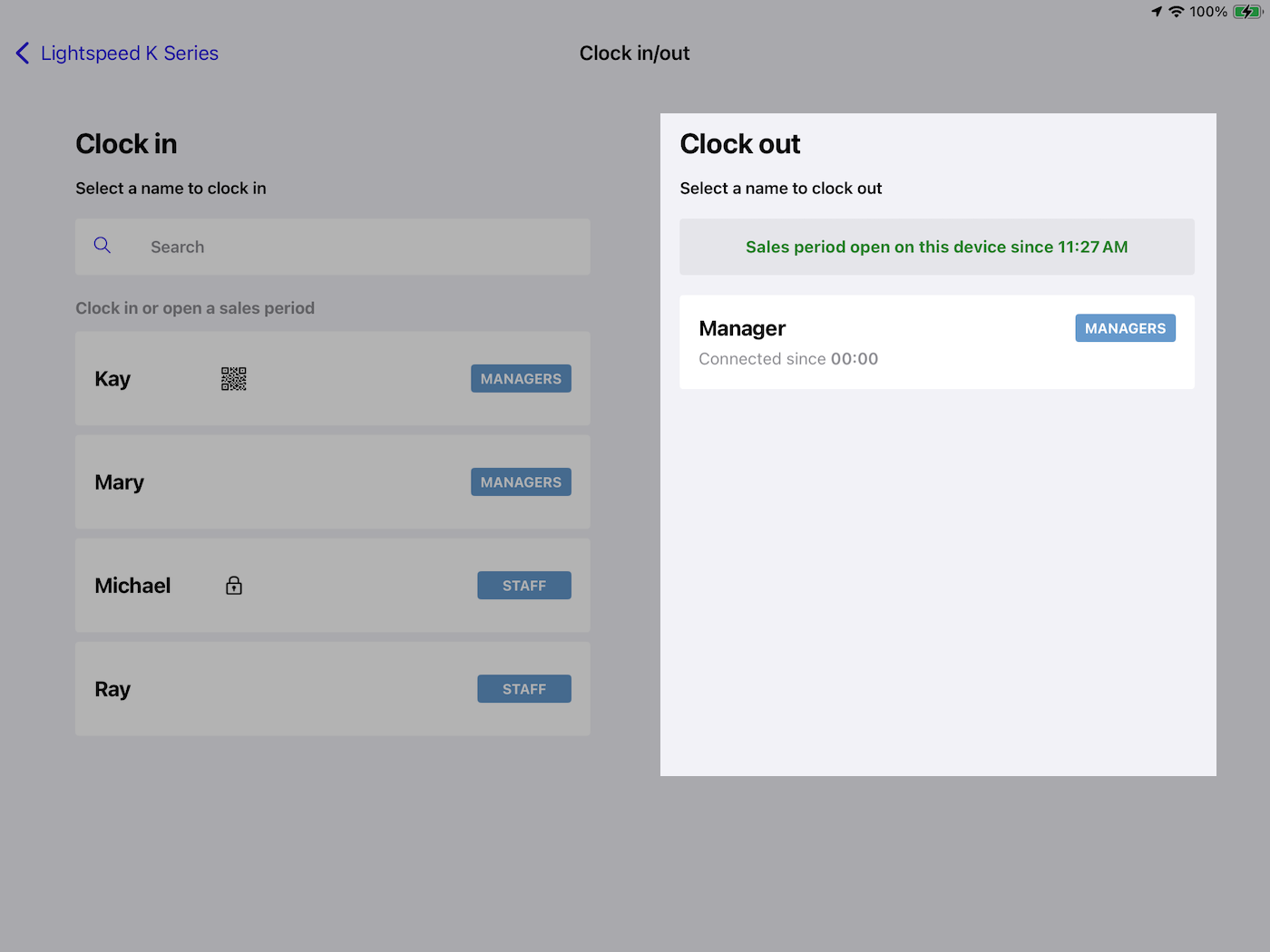 Clock out homepage with one employee able to clock out