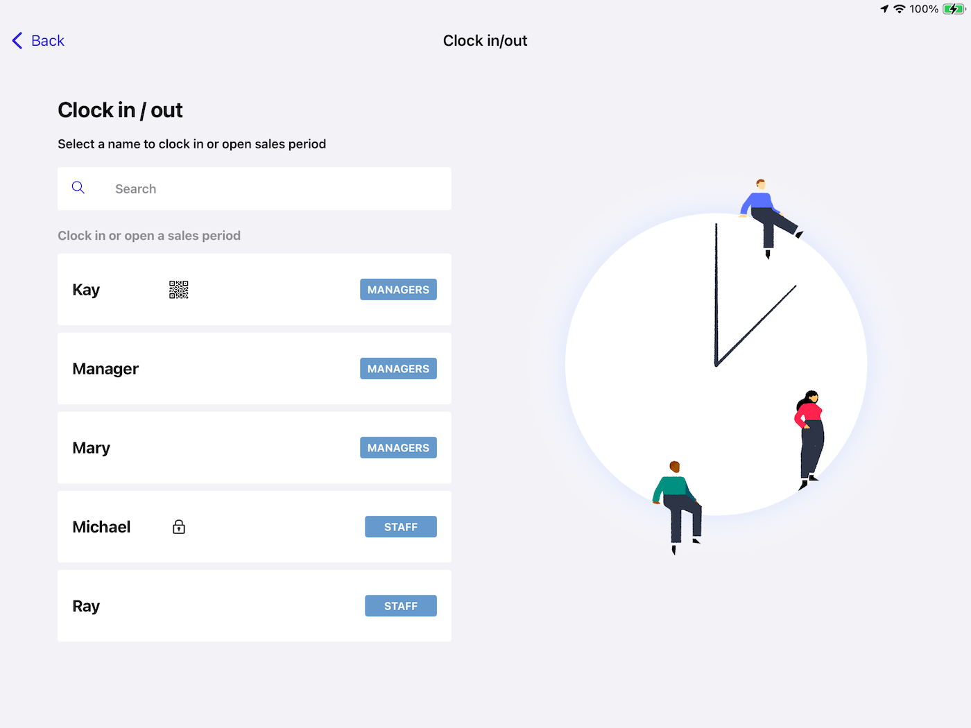 The Clock in homepage with several employees listed