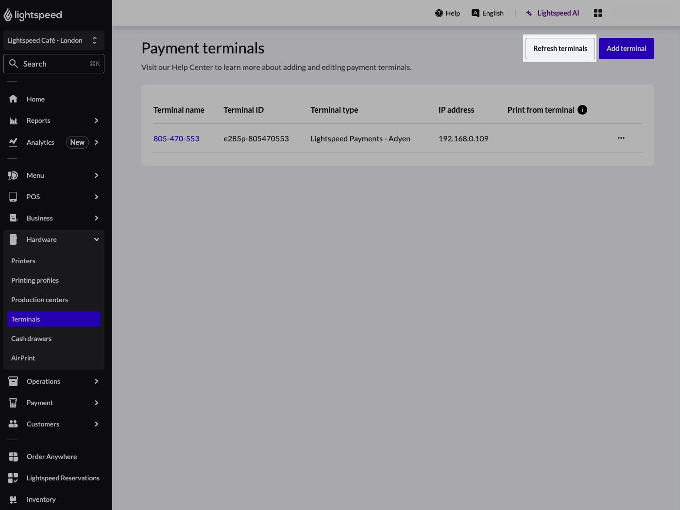 The Terminals page of Lightspeed Restaurant. A button titled 'Refresh Terminals' has been highlighted.
