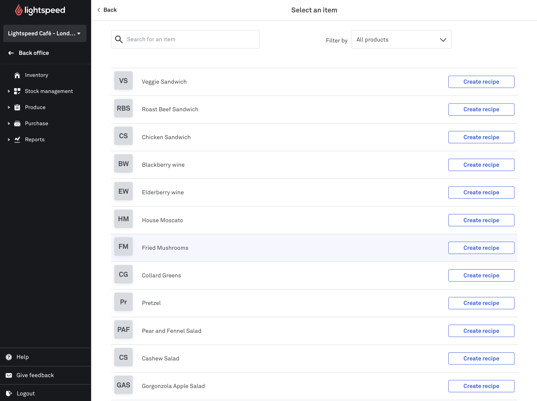 The Create recipe main page