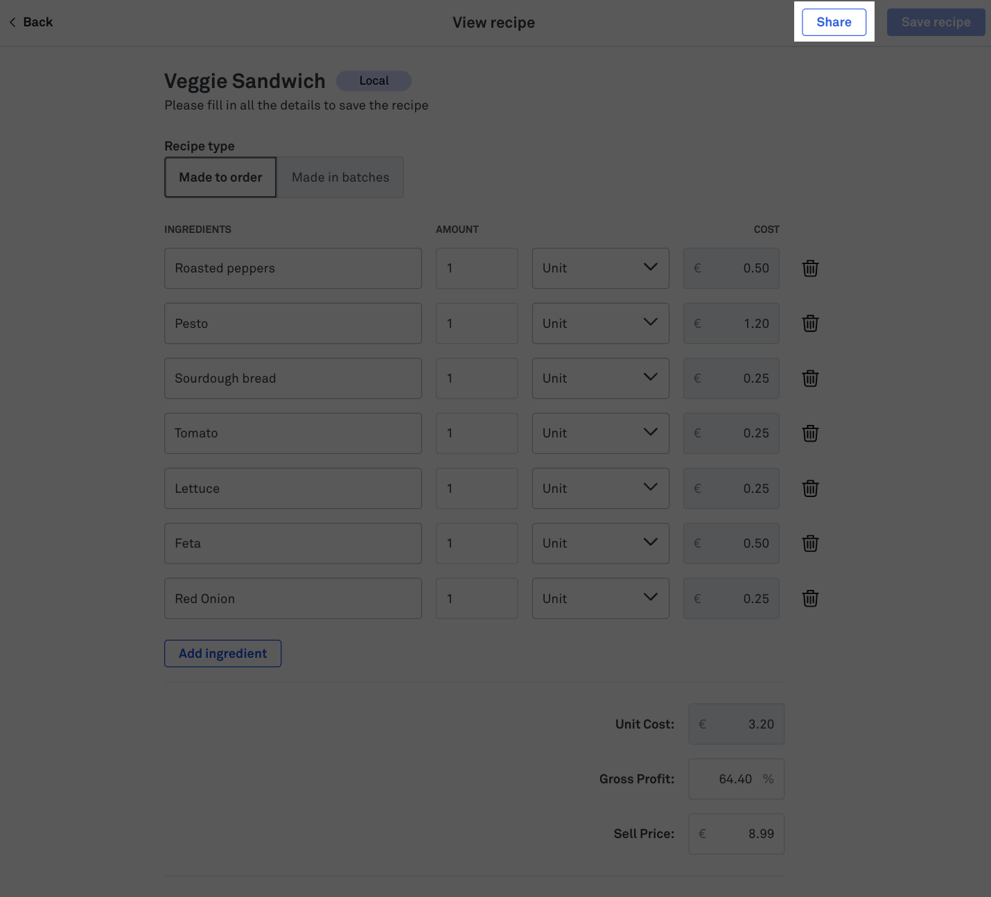 The Share button highlighted on a recipe