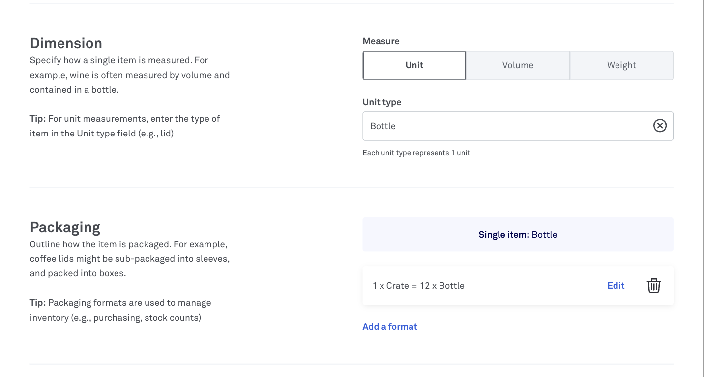 Inventory packing formats