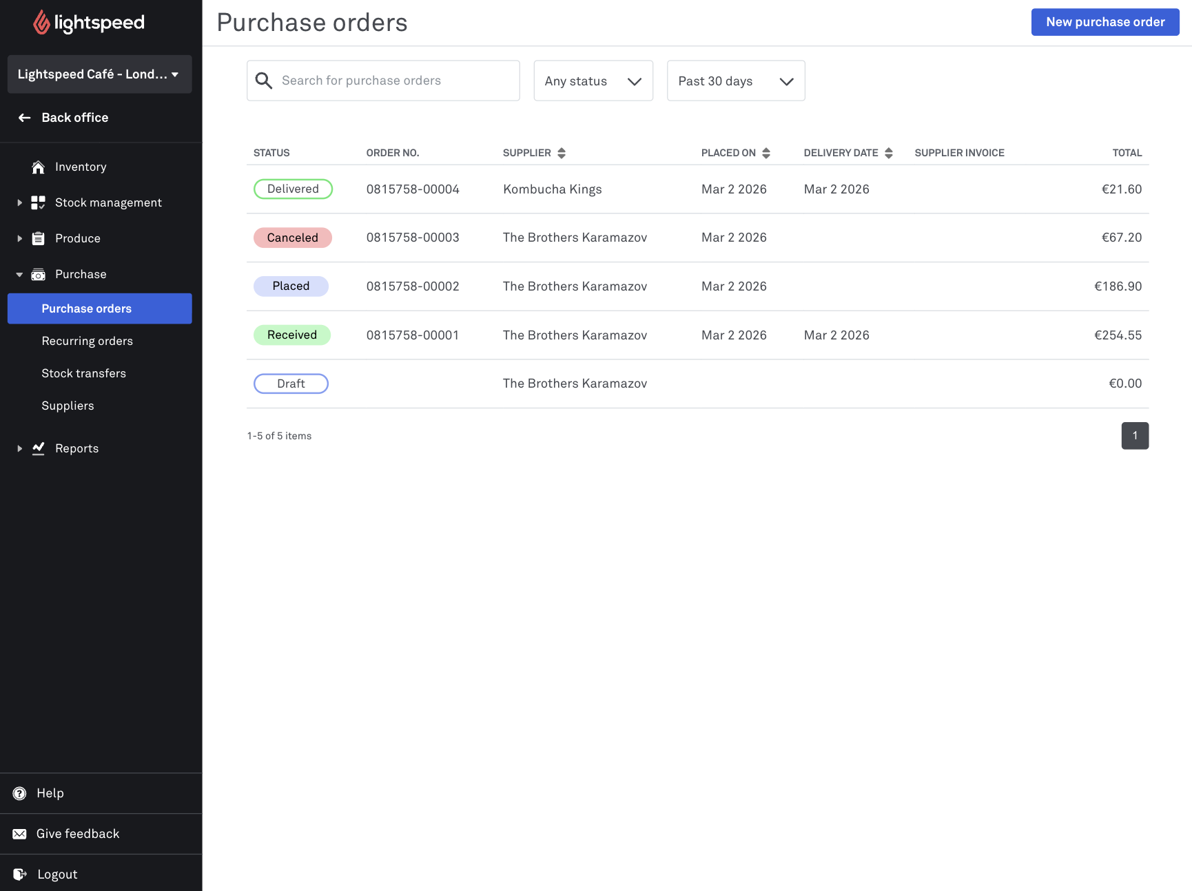 The main Purchase page with various purchase orders