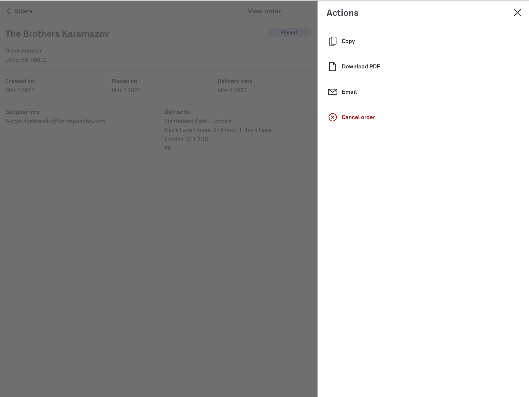 The options for a Placed purchase order