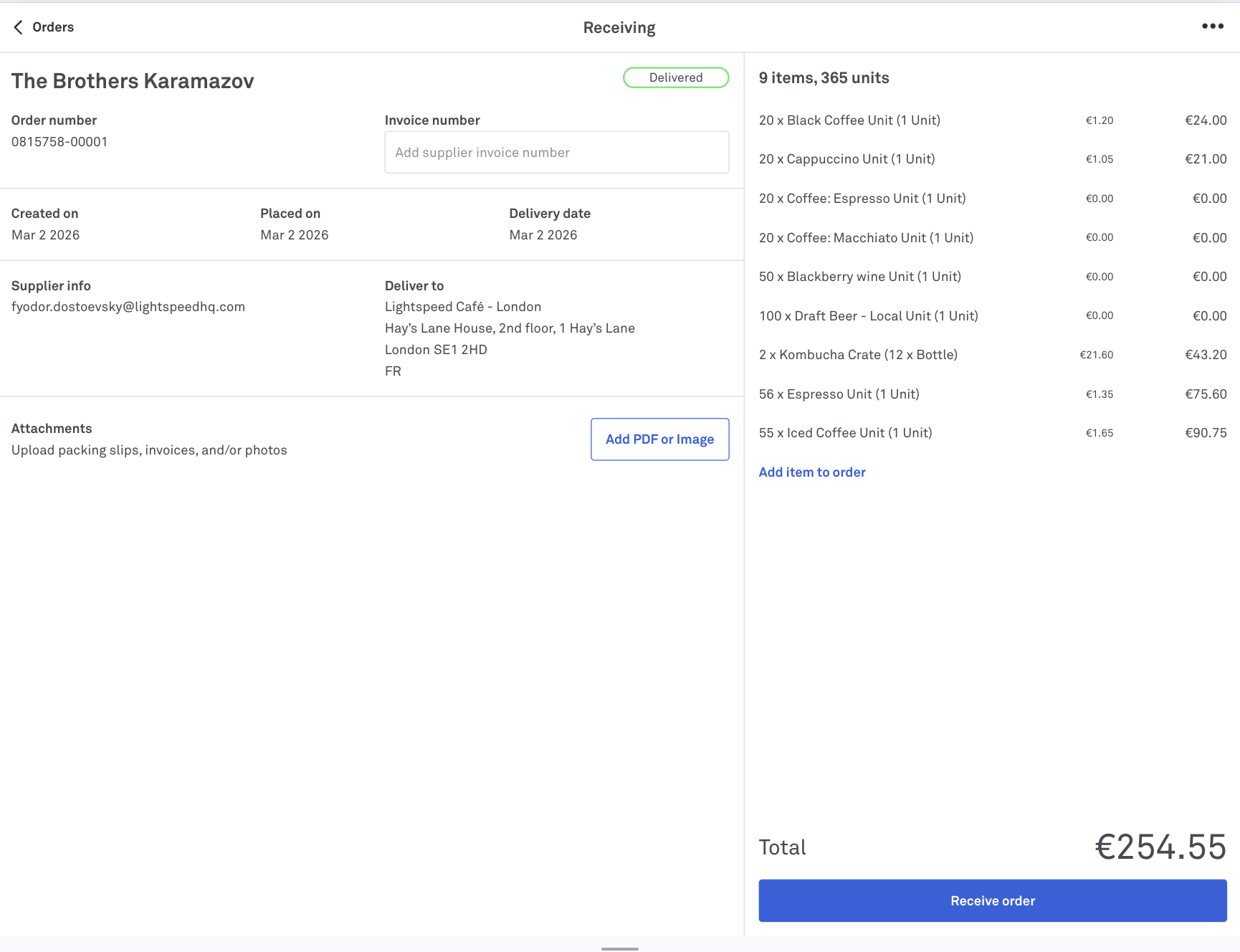 An order ready to be received