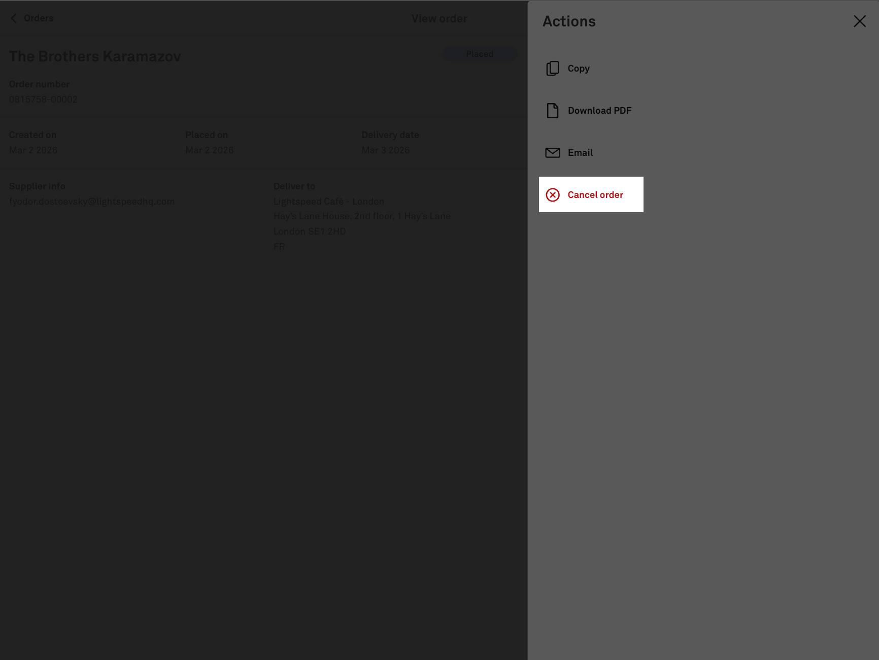 The Cancel order button highlighted