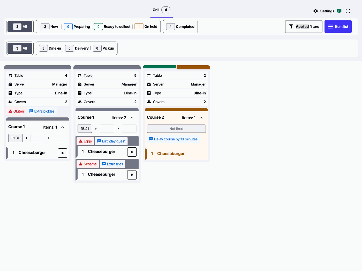 Notes and allergen information in KDS 2.0