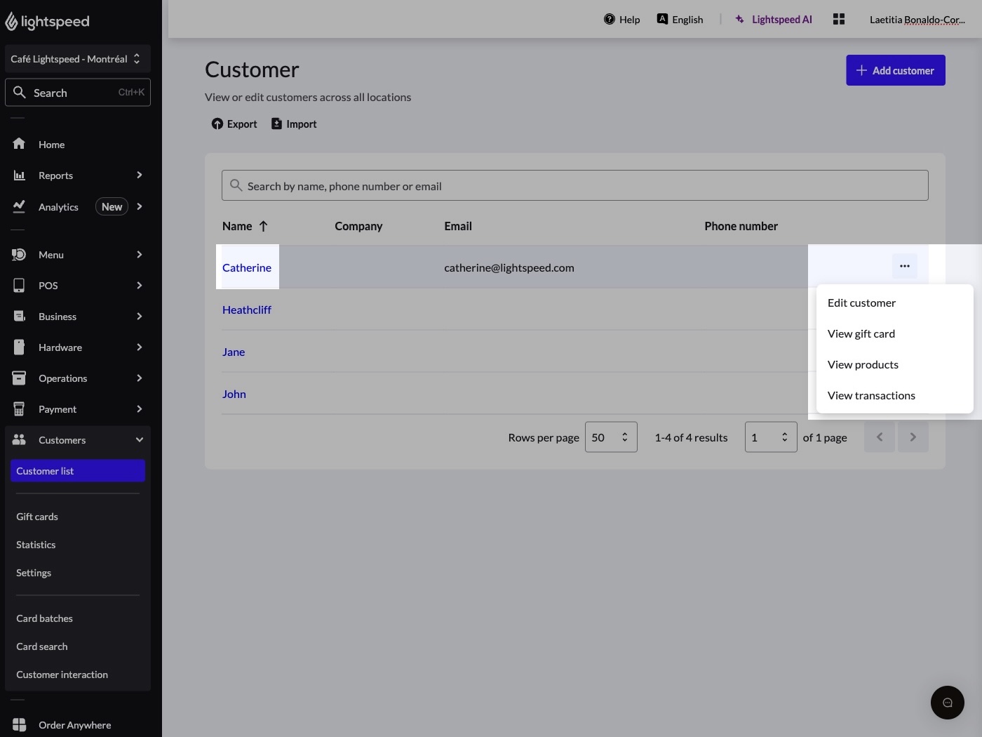 Kundenseite, auf der 'Catherine' hervorgehoben ist, mit geöffnetem Aktionsmenü und hervorgehobener Aktion 'Kunde bearbeiten'.