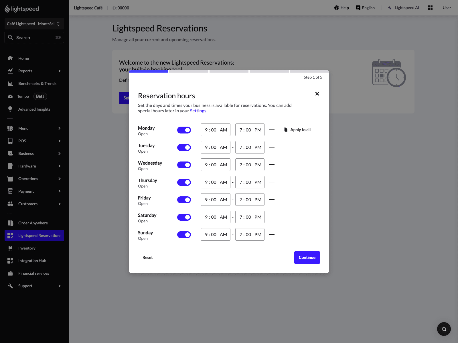 Périodes de réservation dans l'assistant de configuration de Réservations Lightspeed
