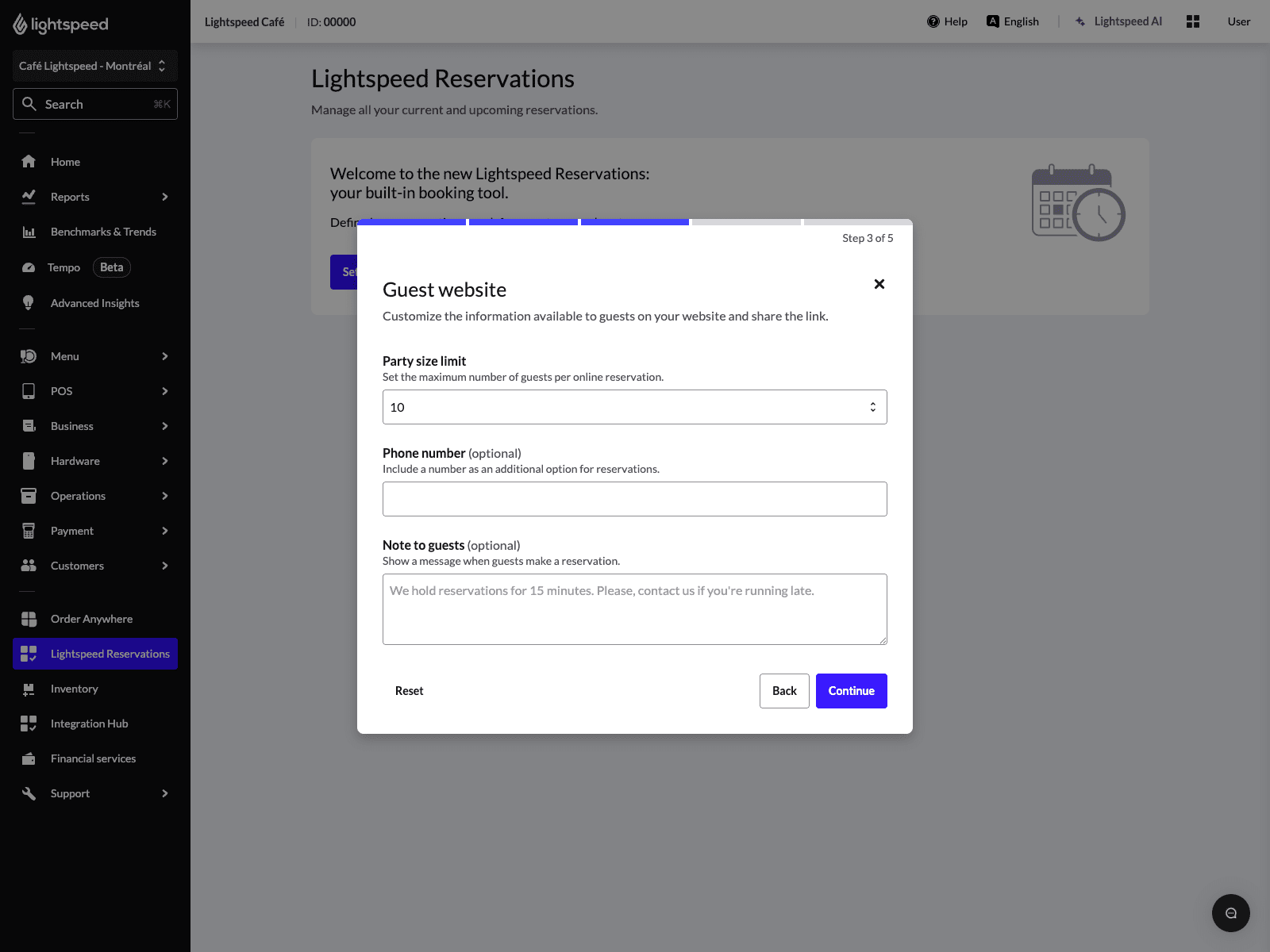 Configuration du site Web Lightspeed Reservations