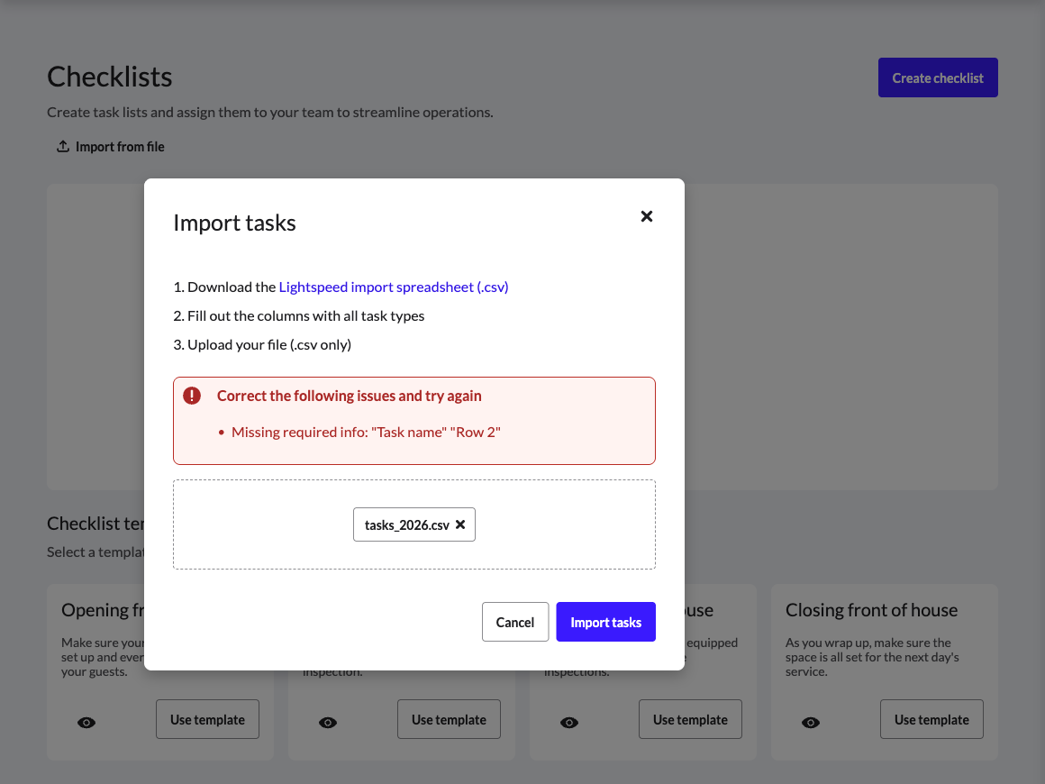 The Import tasks pop-up with a list of errors to fix in the uploaded import file.