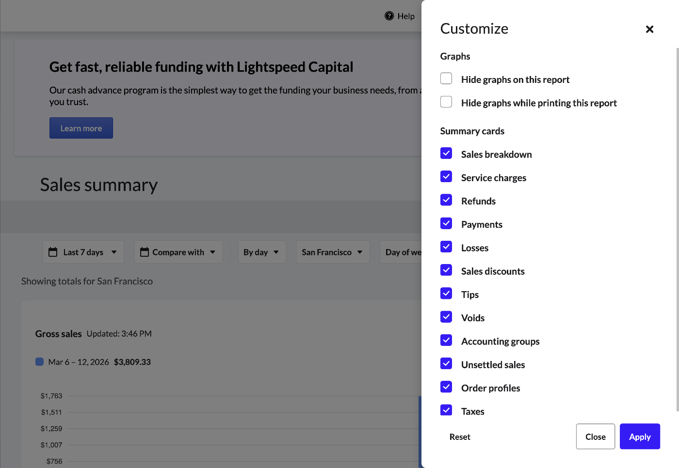 The Sales Summary report with the Customize panel expanded on the right with boxes checked.