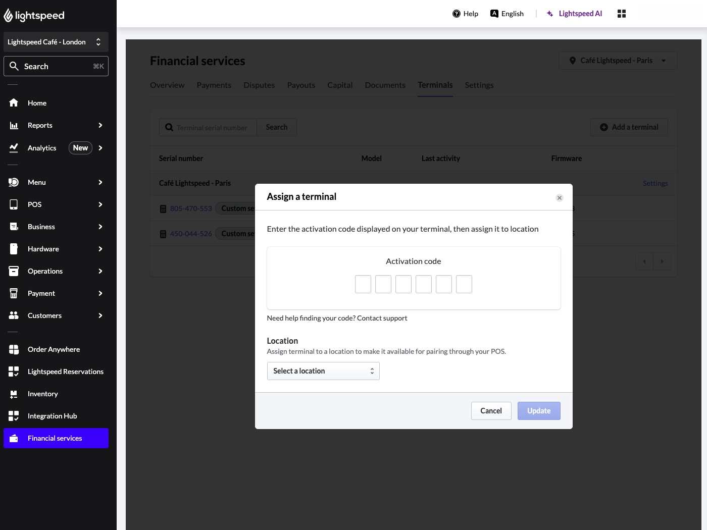 The Financial Services tab of Lightspeed Restaurant. There is a pop-up window titled 'assign a terminal' with a field to enter an activation code.
