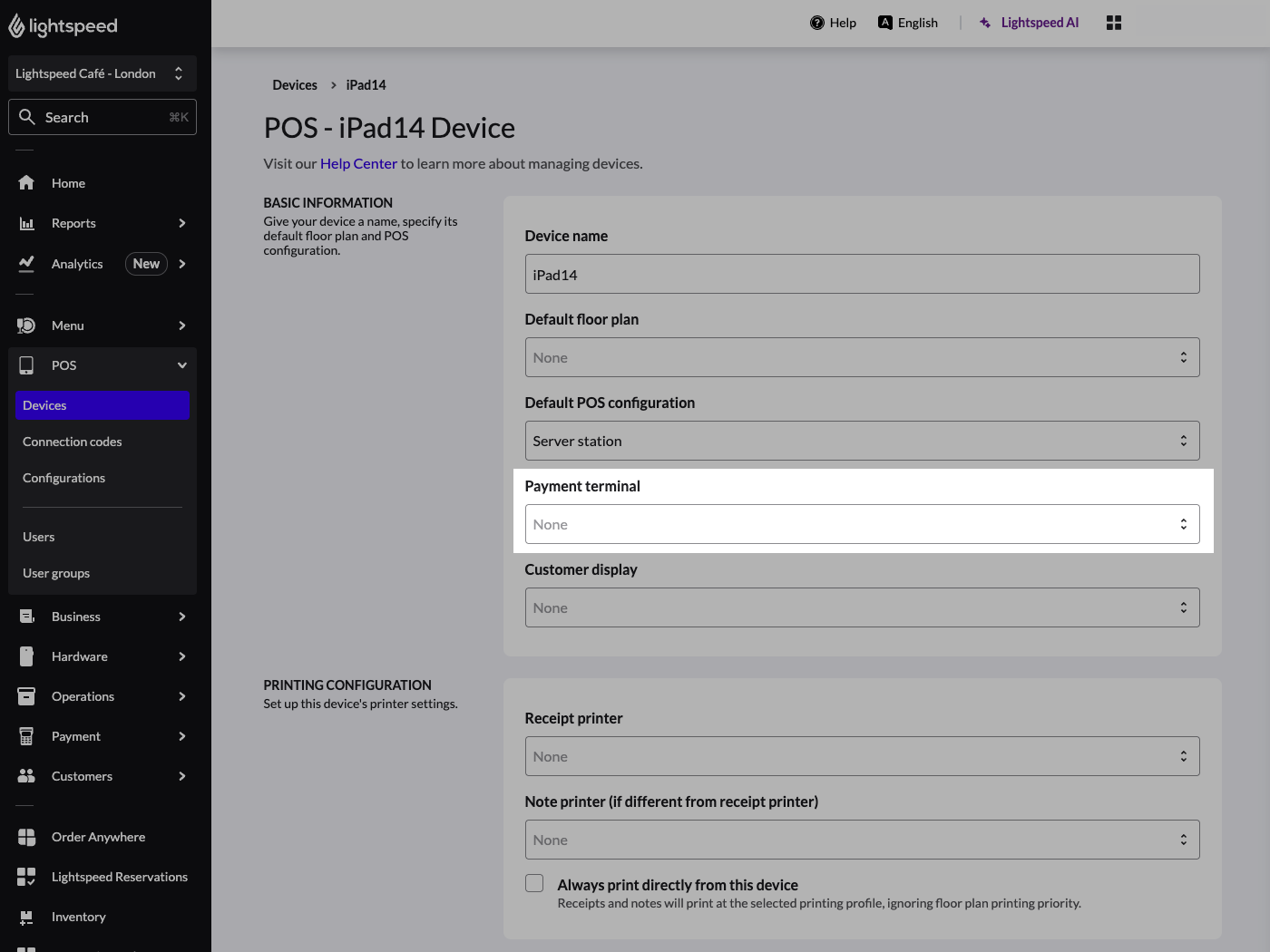 The Devices page of Lightspeed Restaurant. The field titled 'Payment Terminal' has been highlighted.