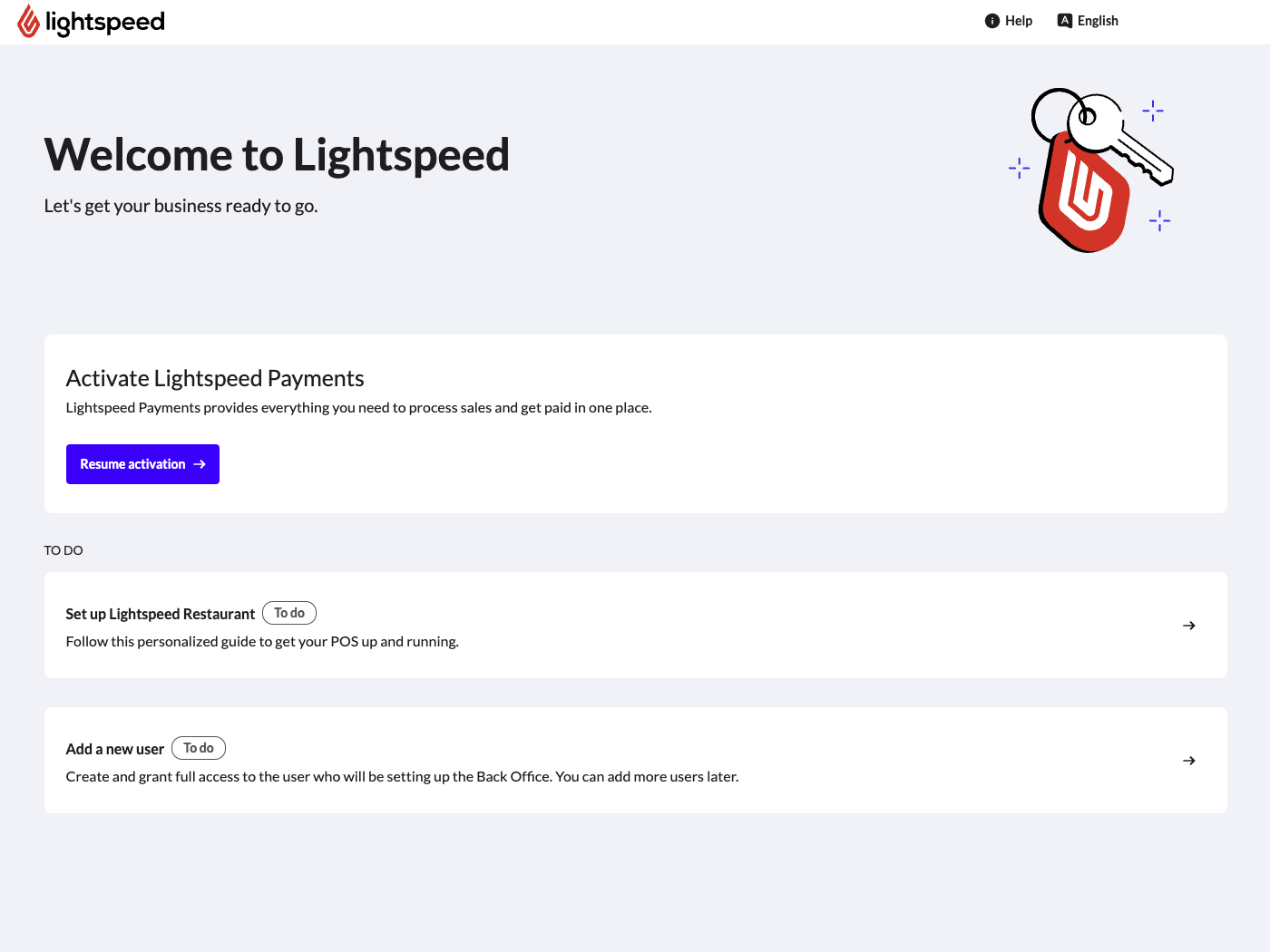 The 'Welcome' screen with option to 'Resume application' highlighted
