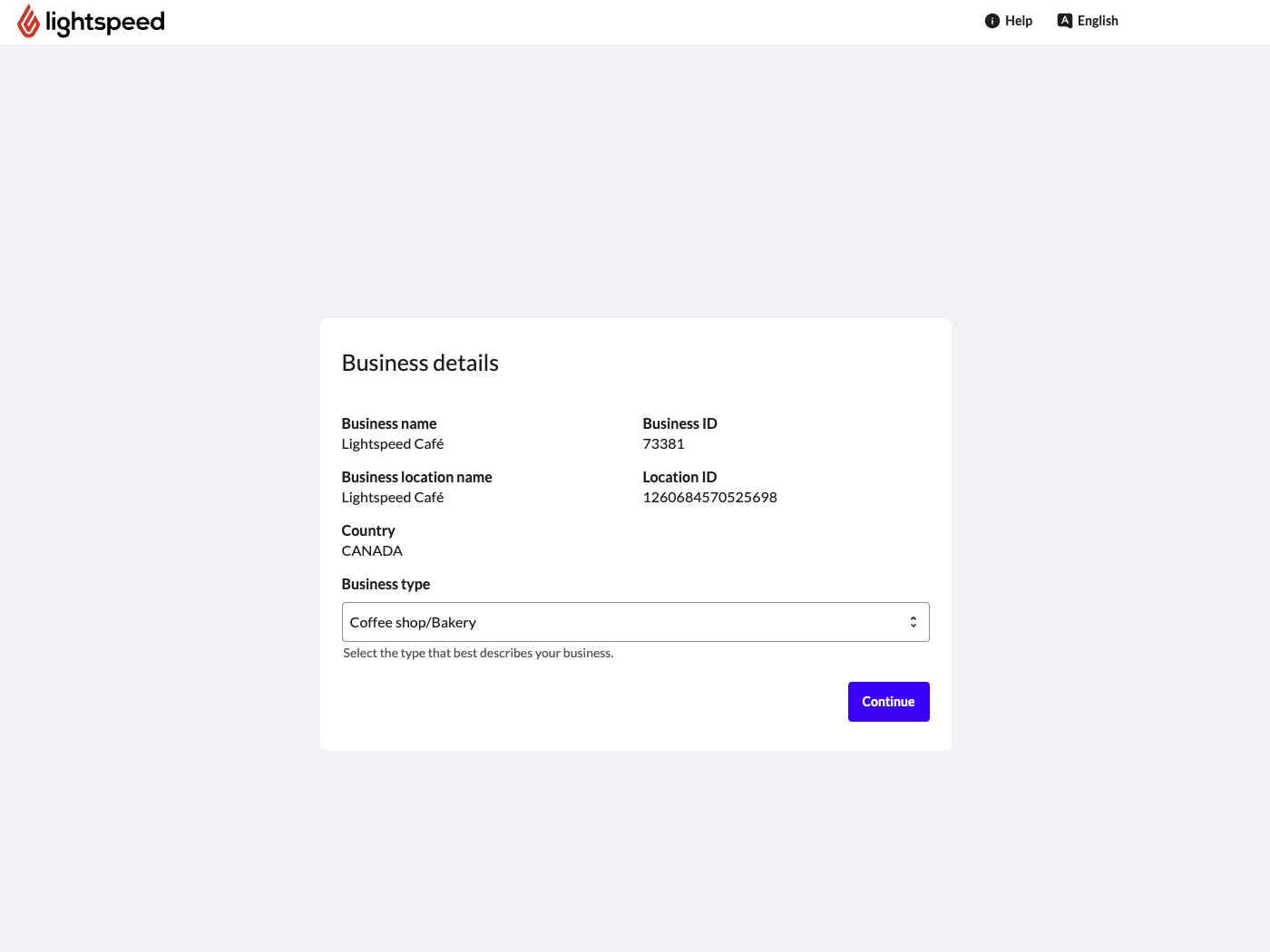 A screen with some sample business details filled in: business name, address, etc.