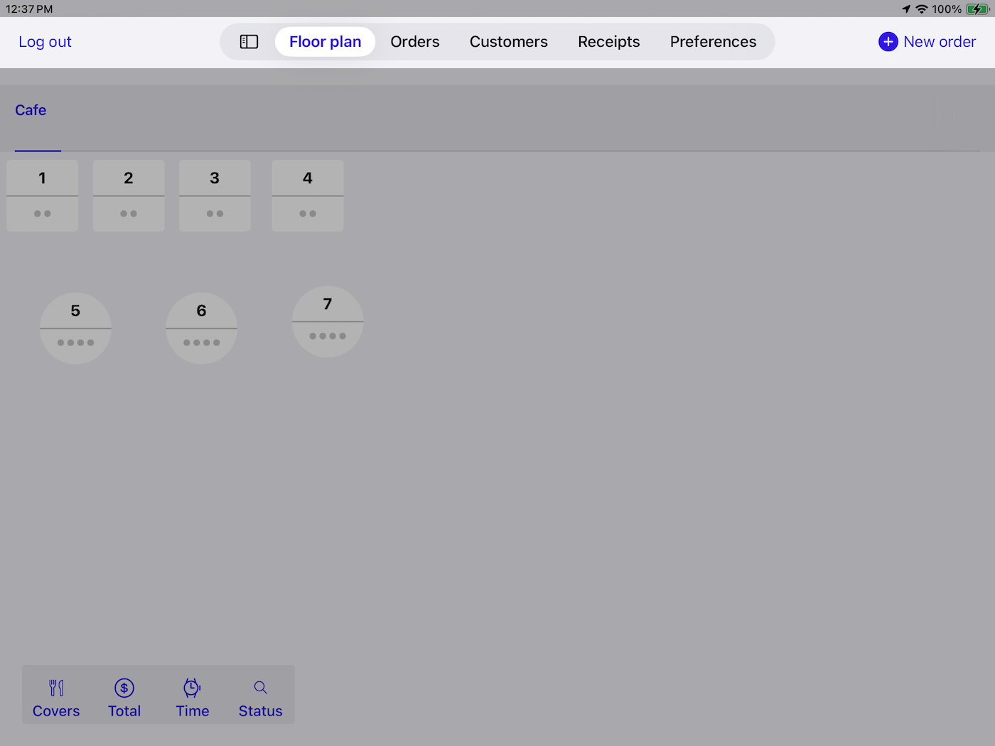 Het scherm Vloerplan in Lightspeed POS. De navigatiebalk bovenaan het scherm is uitgelicht.
