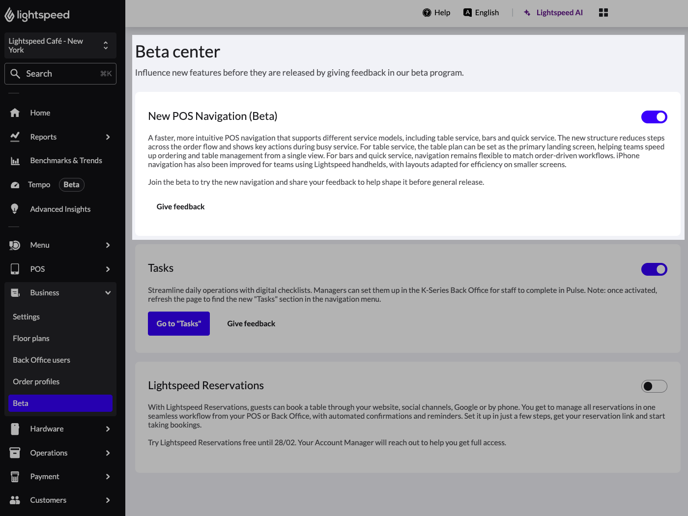 Der Beta-Bereich im Backoffice von Lightspeed Restaurant.