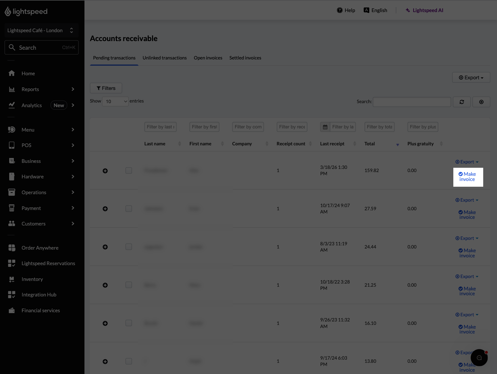 Accounts receivable page