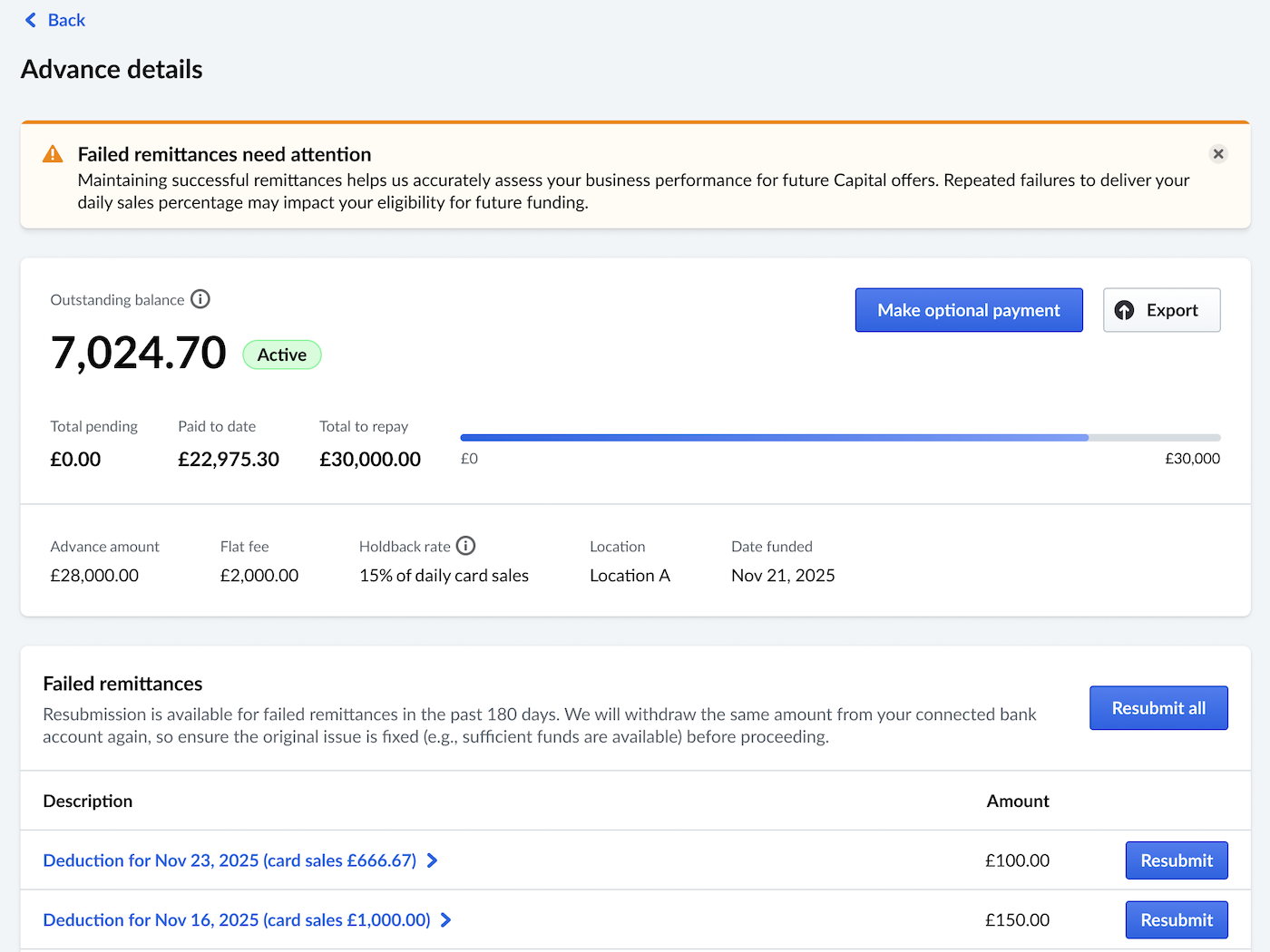 The Advance details page with a failed remittance. Options to resubmit are visible.