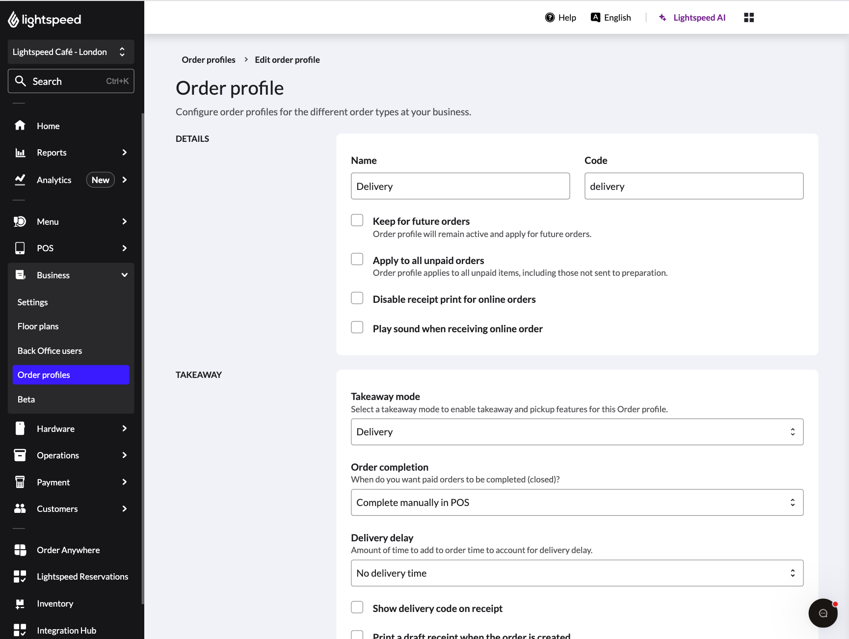 A new order profile with a 'Name' and 'Code' entered.