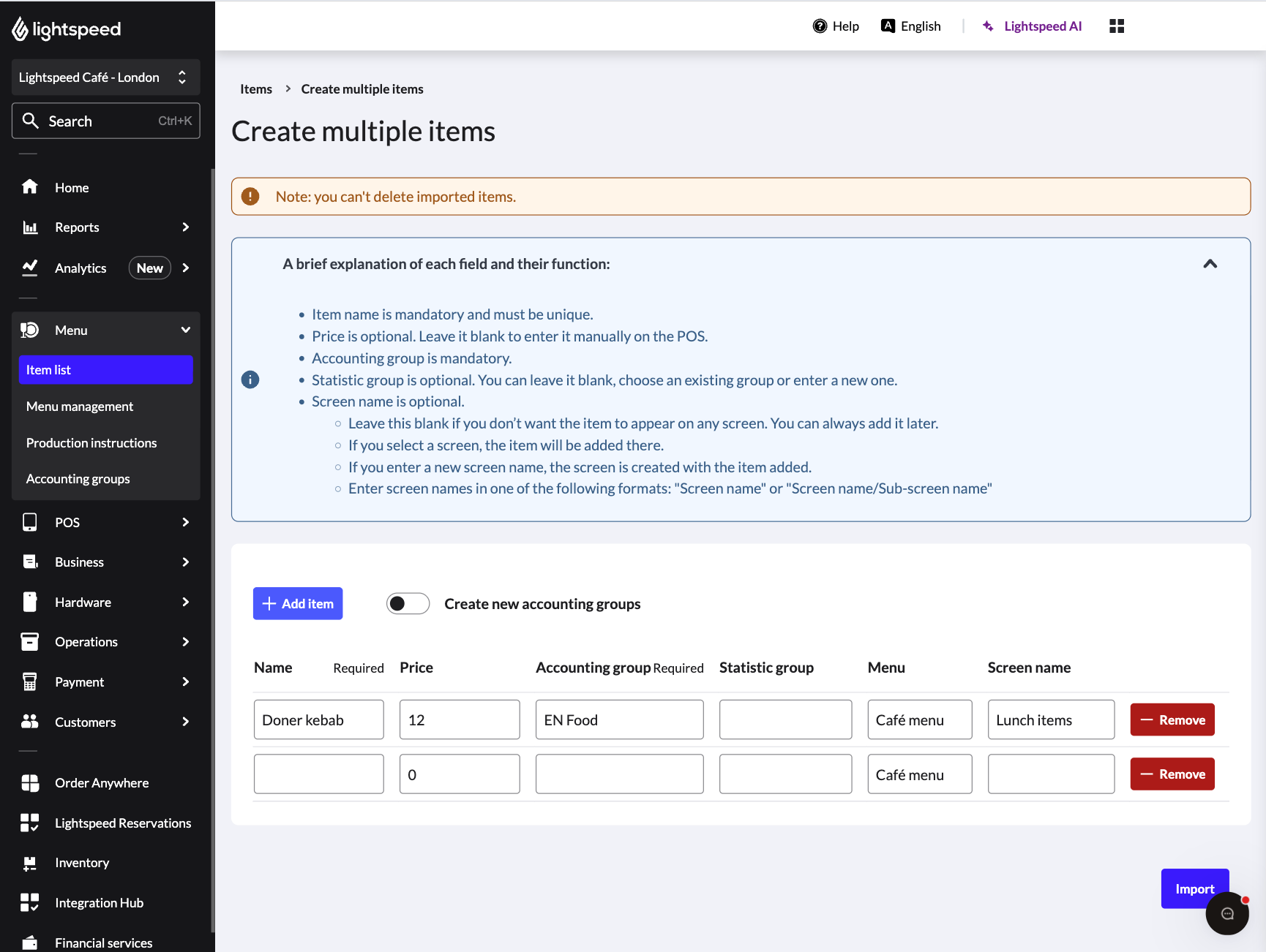 The Back Office 'Import items' page with fields for item information