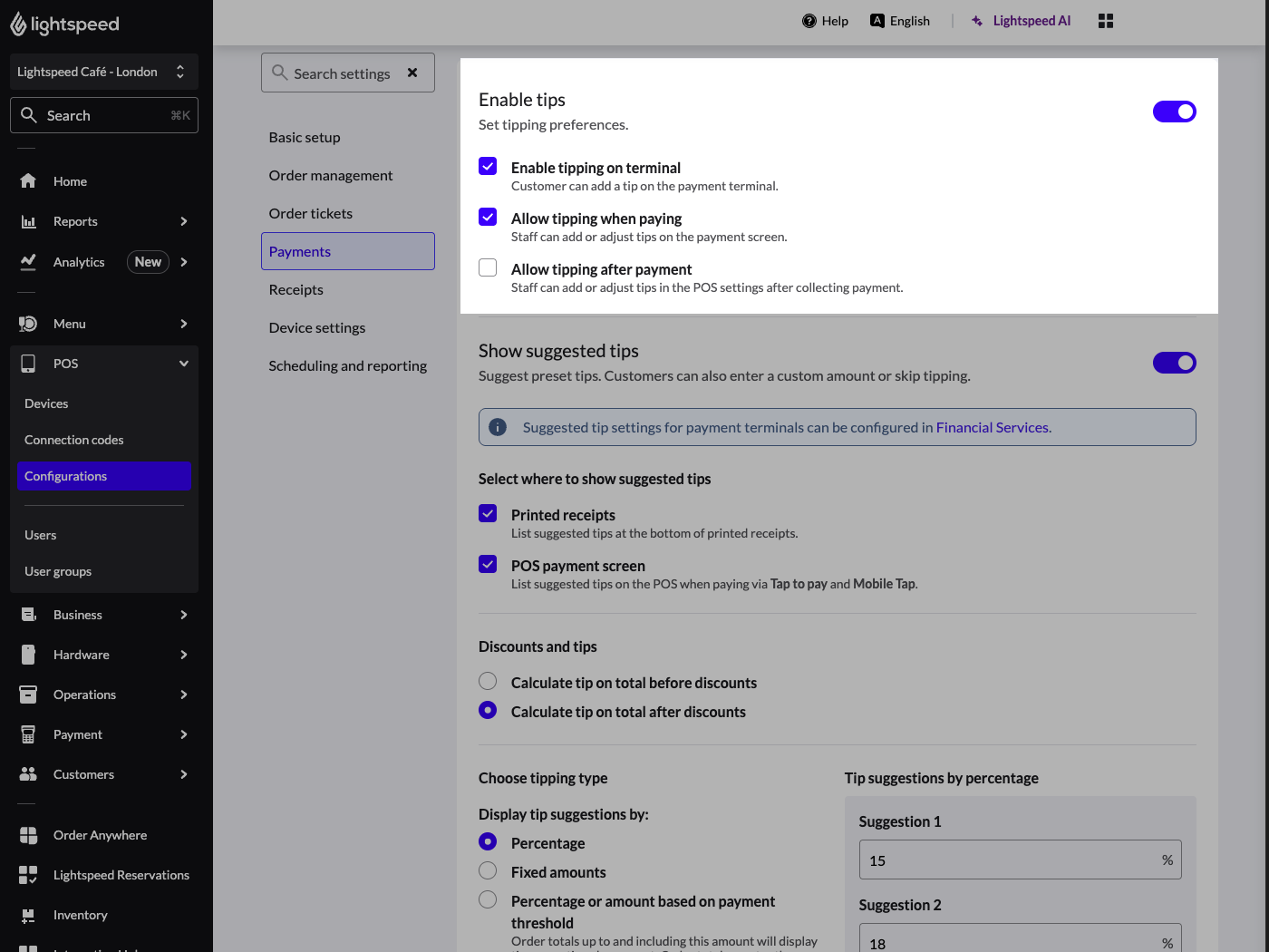 A POS configuration with 'Allow tipping' setting enabled.
