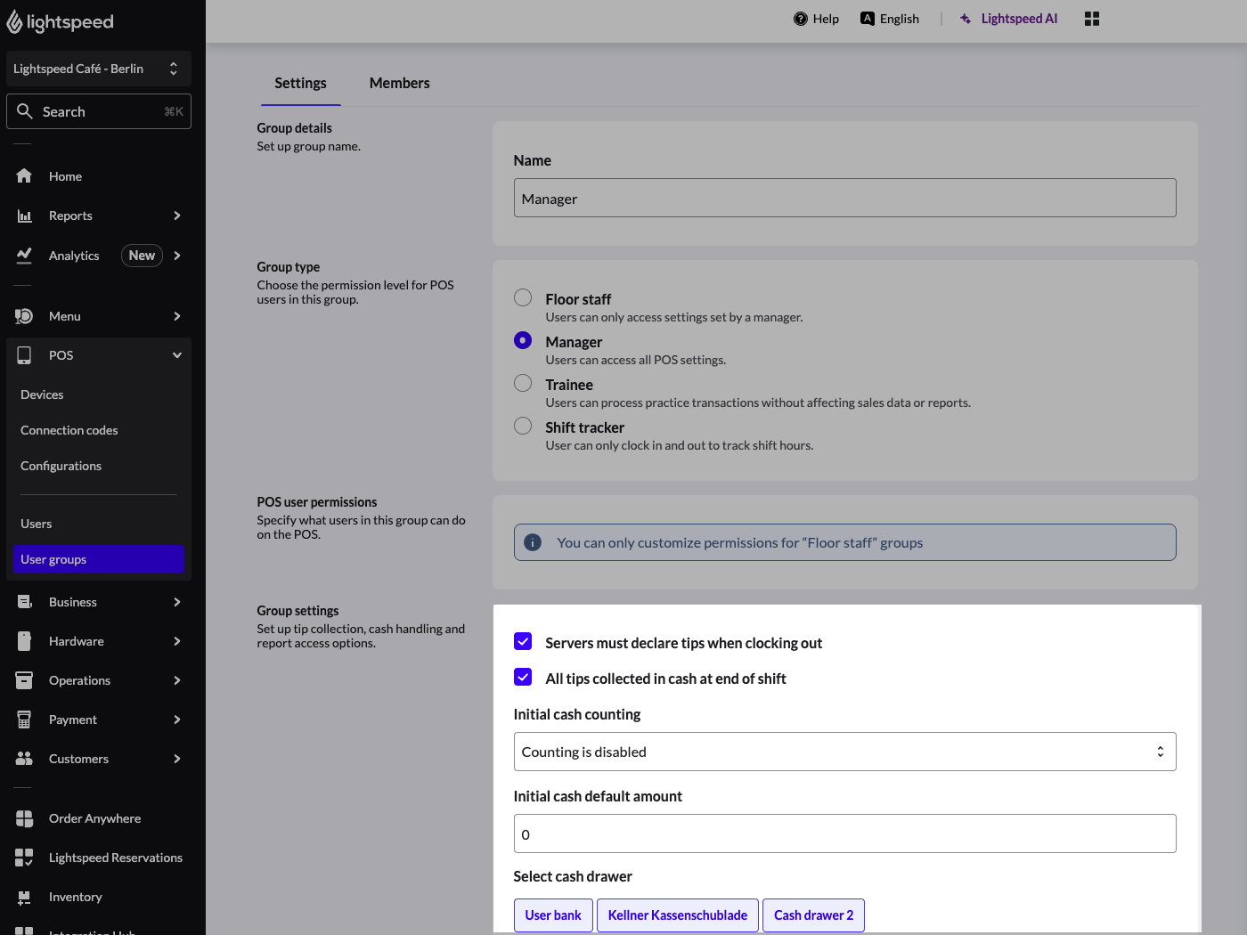 The 'User group settings' page with 'Servers declare tips when clocking out' setting highlighted