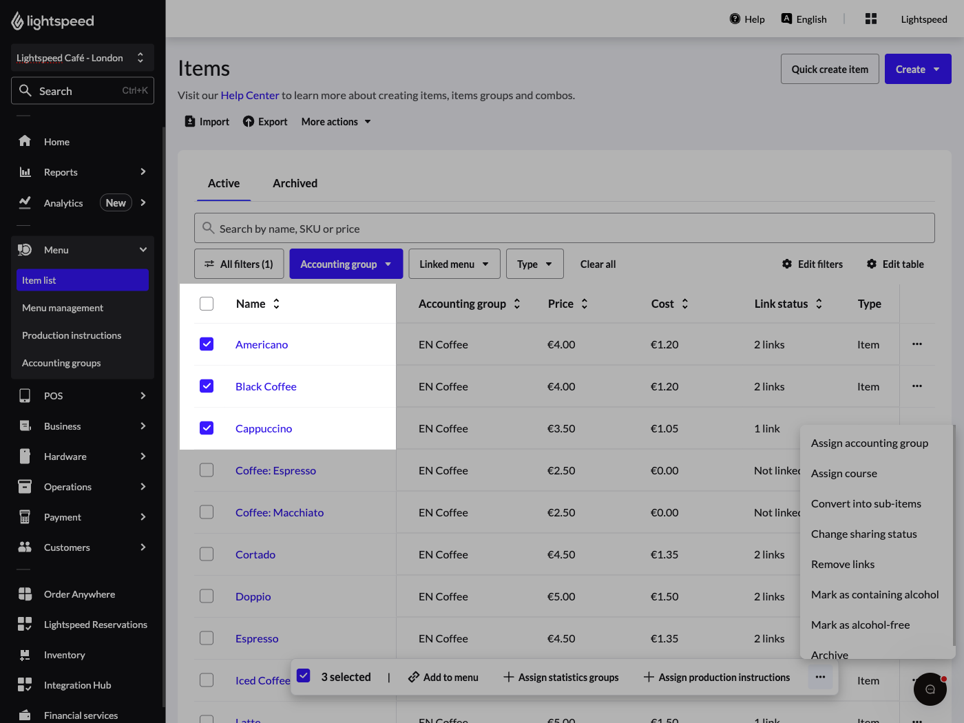 Items page with three items selected in the list.