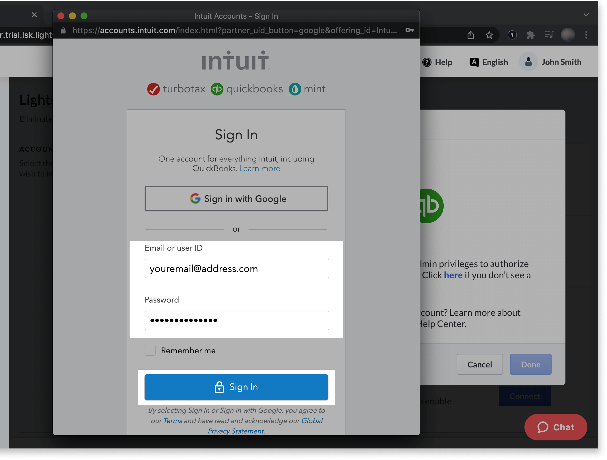 Page de saisie des identifiants d'administrateur