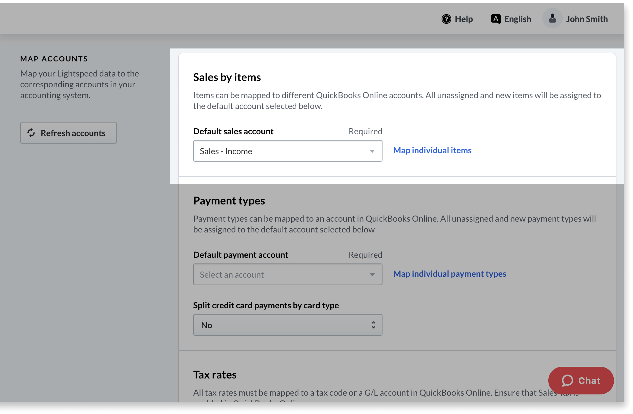 Drop-down-Menü für standardmäßiges Verkaufskonto hervorgehoben