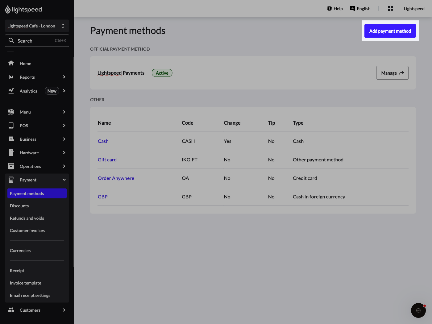 Image displays the landing page for payment methods in the Back Office of Lightspeed Restaurant. The "Add payment method" button is highlighted..