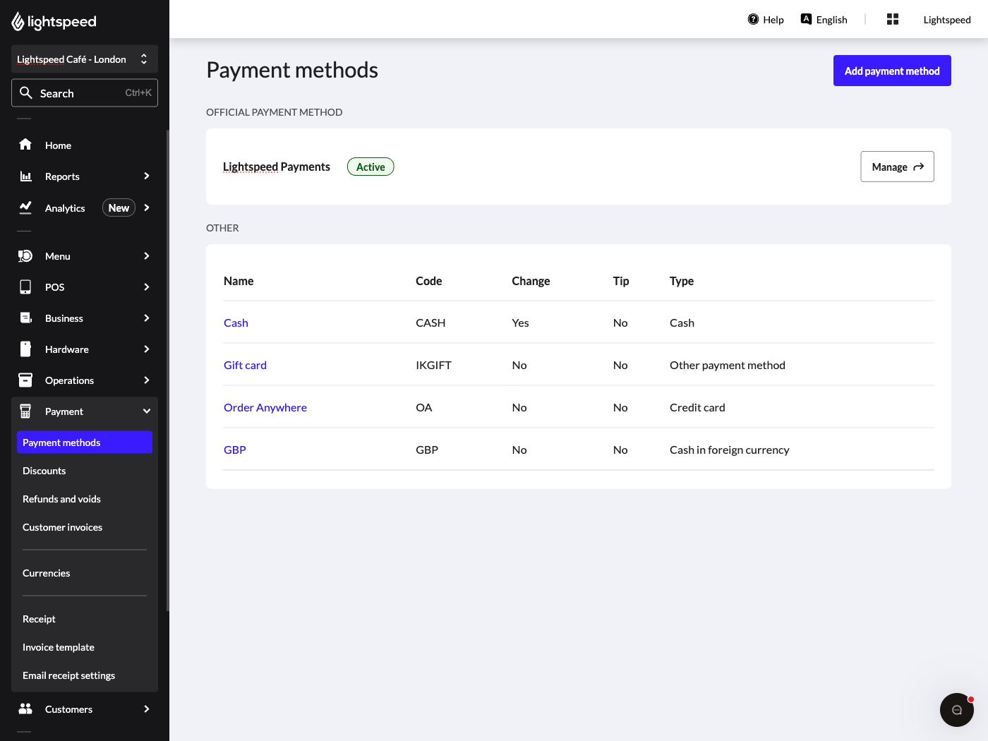 Image displays the landing page for payment methods in the Back Office of Lightspeed Restaurant.