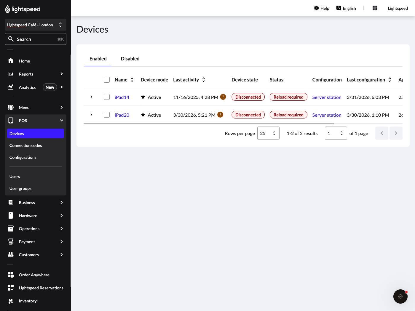 The Back Office 'Devices' page with two POS devices listed.