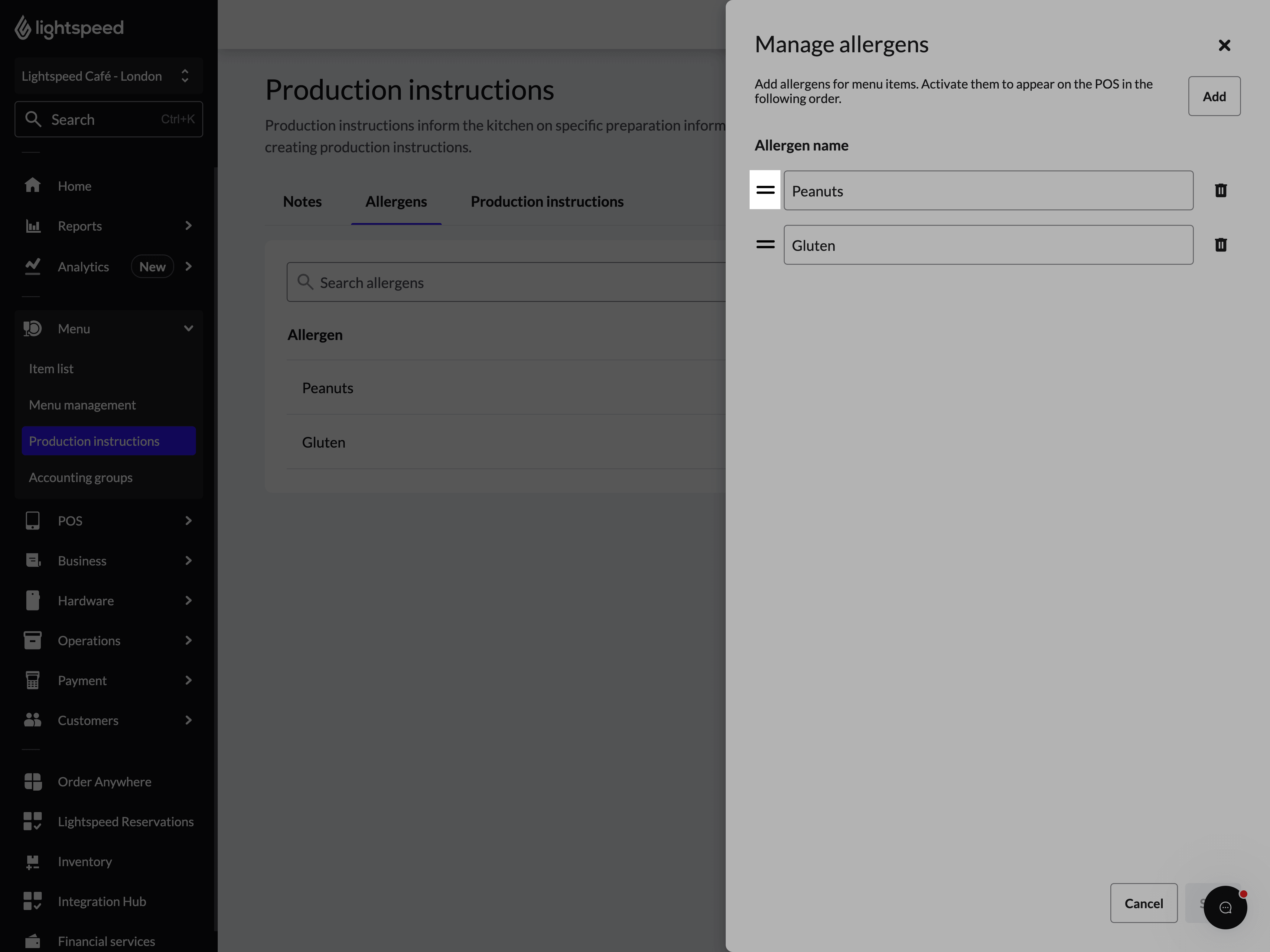 Production instructions page with the "Manage notes" panel open, and the reorder icon next to the first note ("Birthday") highlighted.