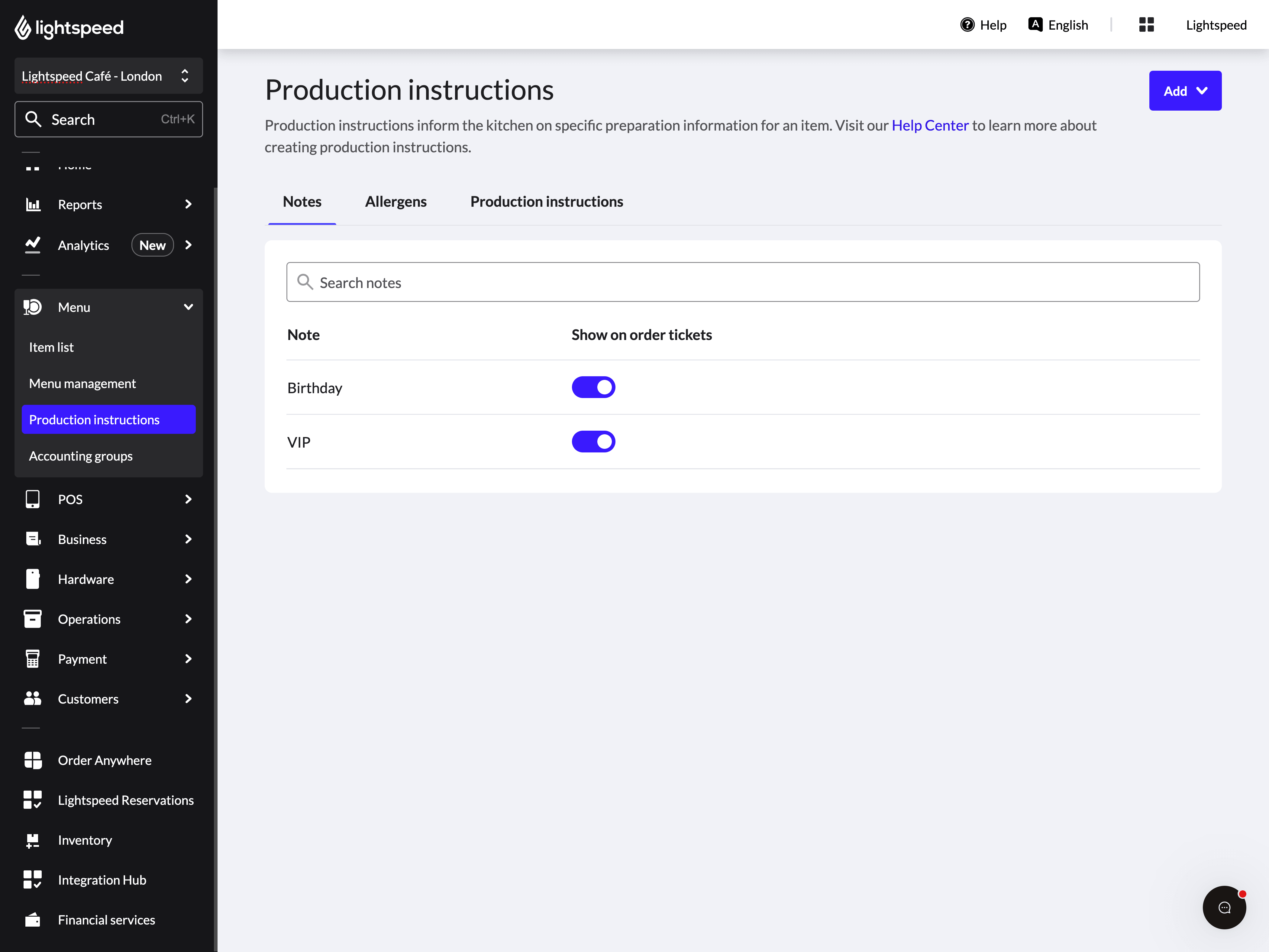 Notes section of the Production instructions page.