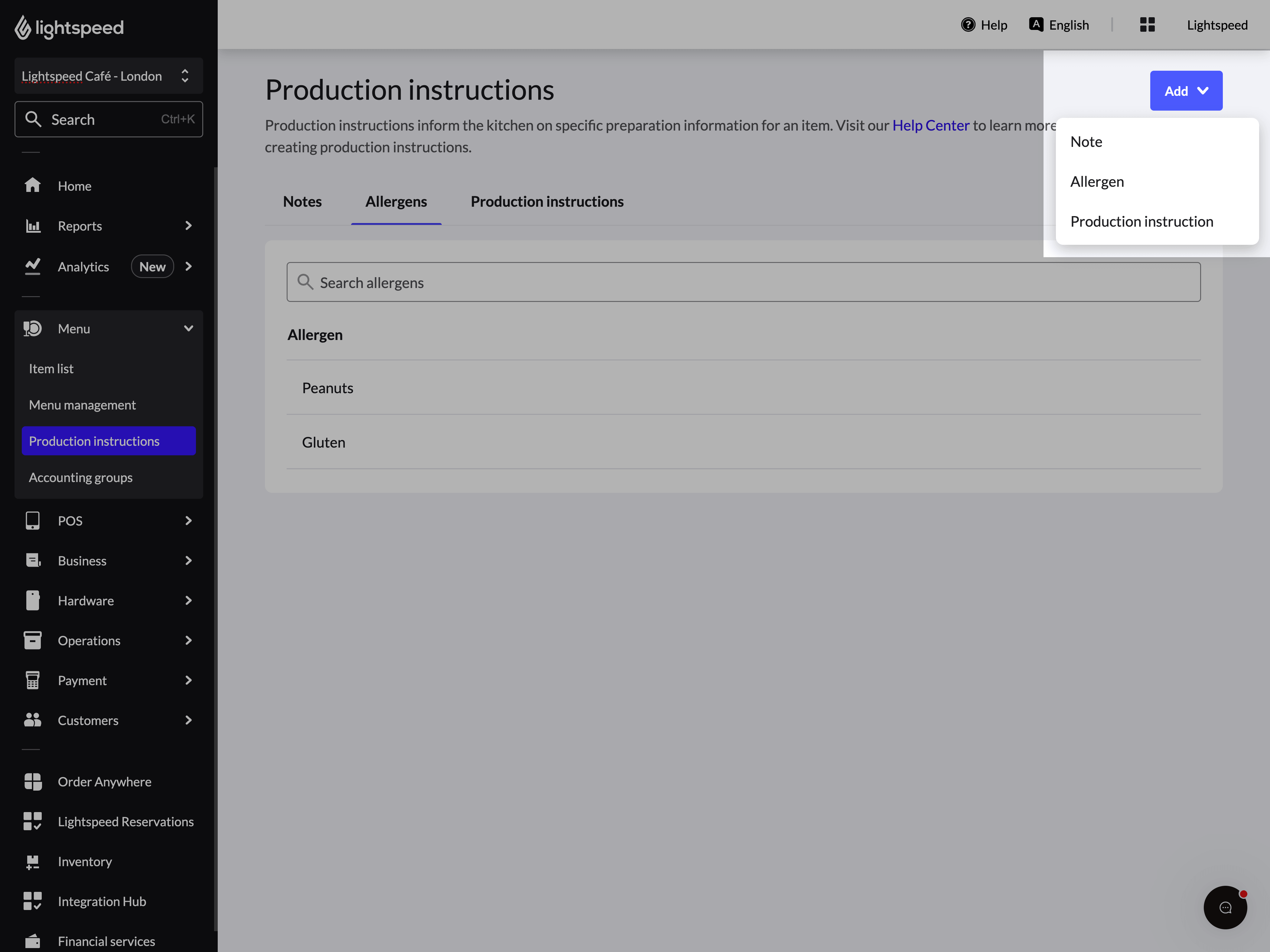 Production instructions page with the "Add" drop-down menu expanded and "Allergens" highlighted as an option.