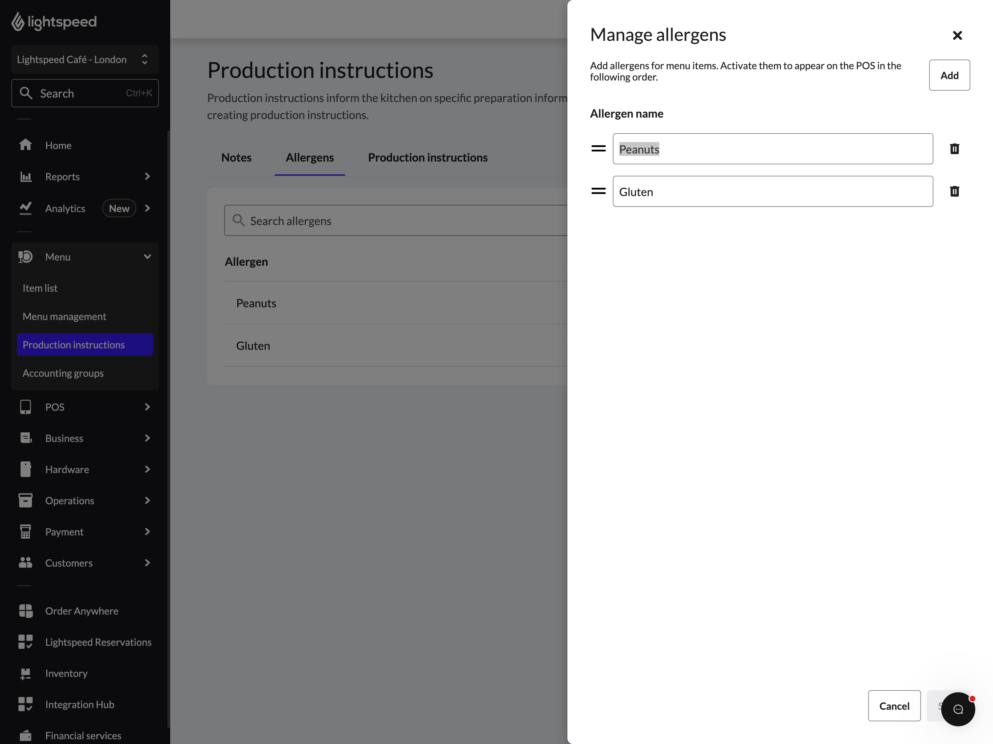 Production instructions page with the "Manage notes" panel open on the right, and the first allergen name ("Peanuts") highlighted for editing.