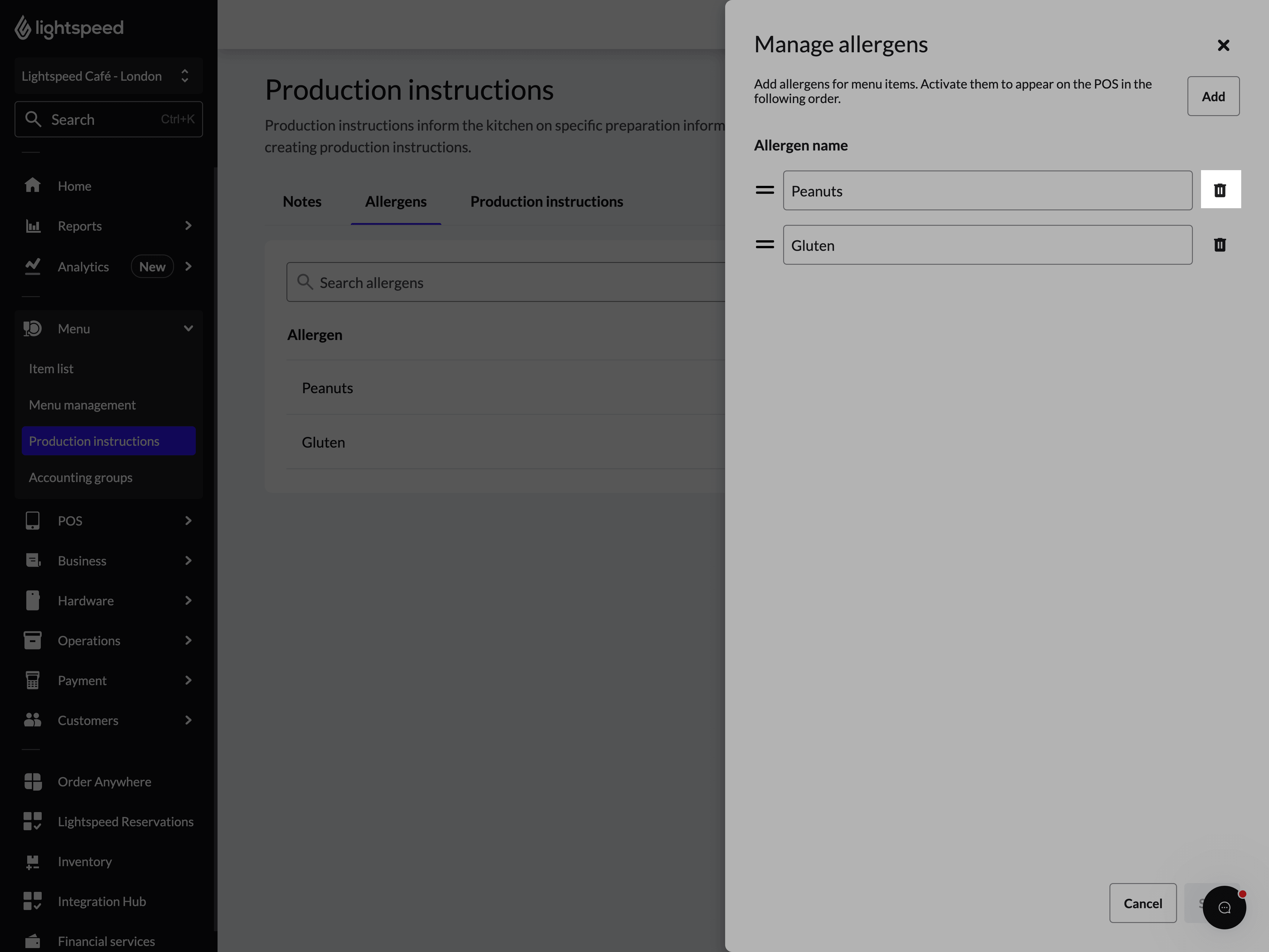 Production instructions page with the "Manage notes" panel open, and the trash icon (Delete) next to the first allergen ("Peanuts") highlighted.