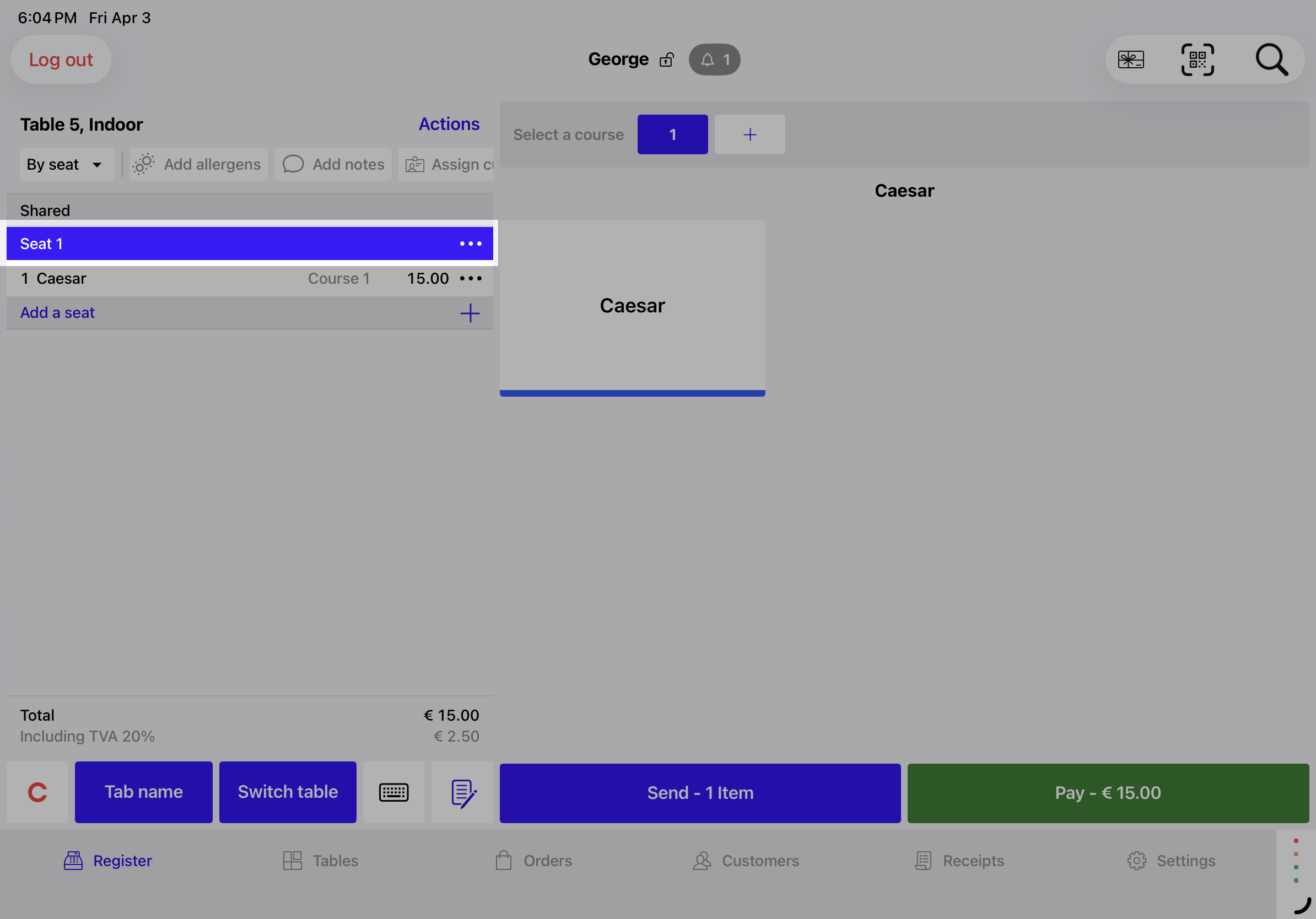 Order summary with the three dots icon (More) highlighted for Seat 1.