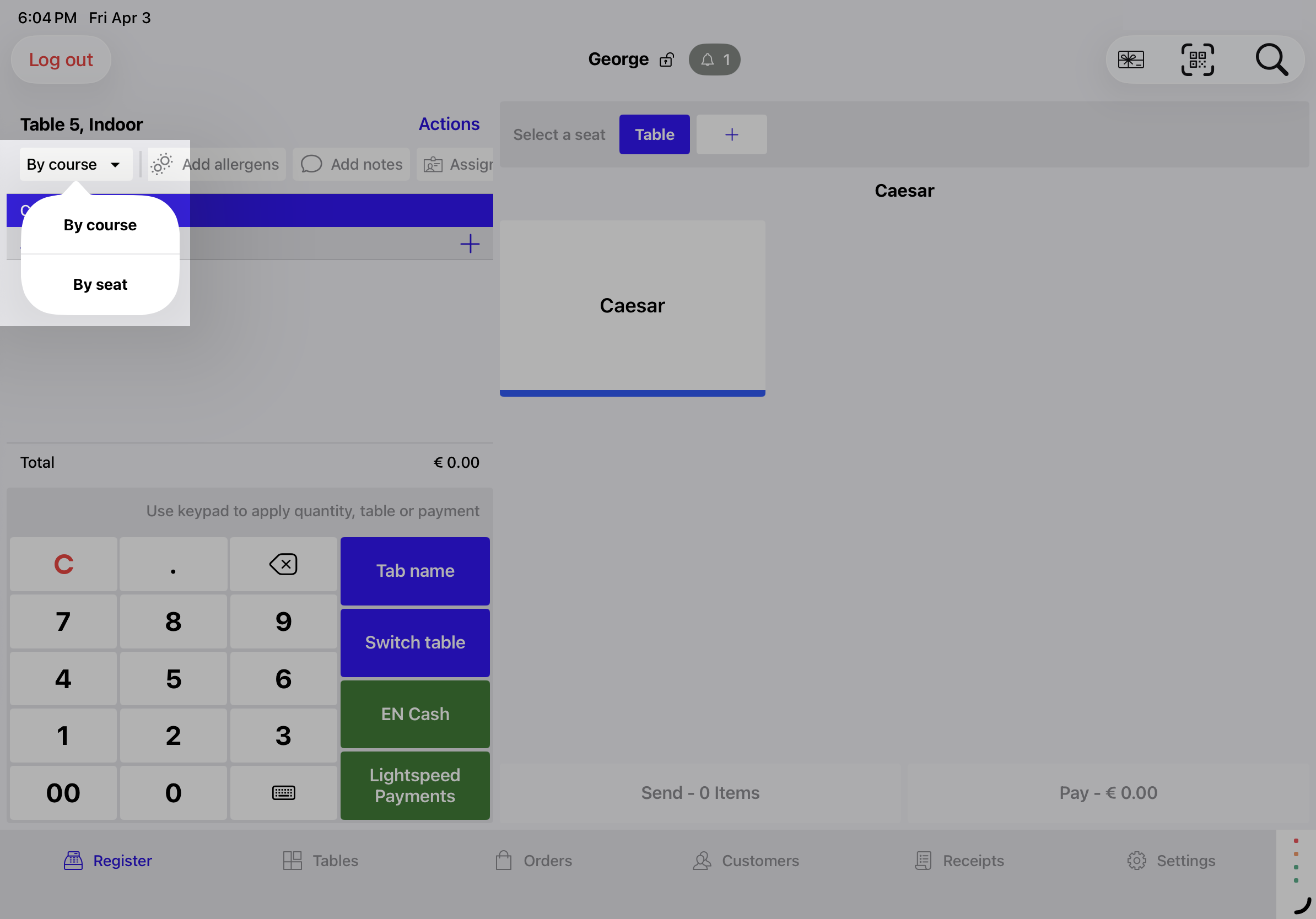 Order summary with "By course" and "By seat" sort options highlighted.