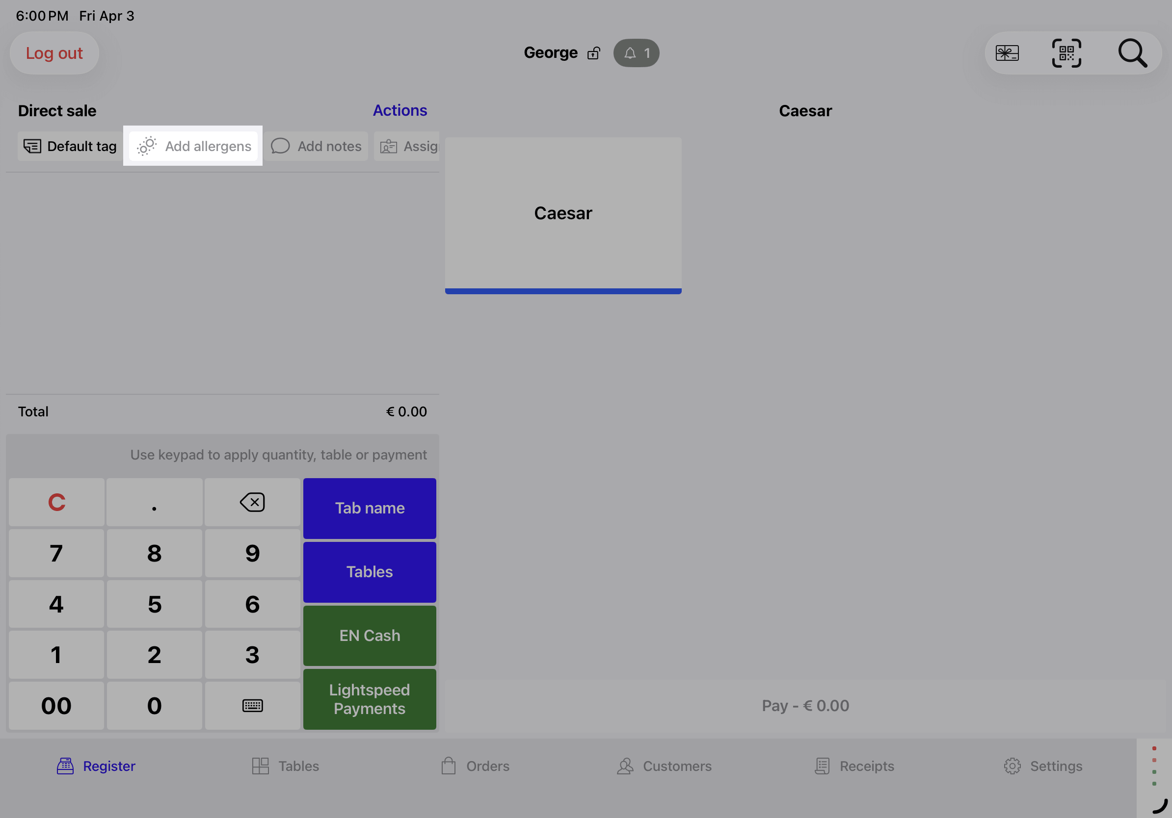 Order summary with the "Add allergens" button highlighted.