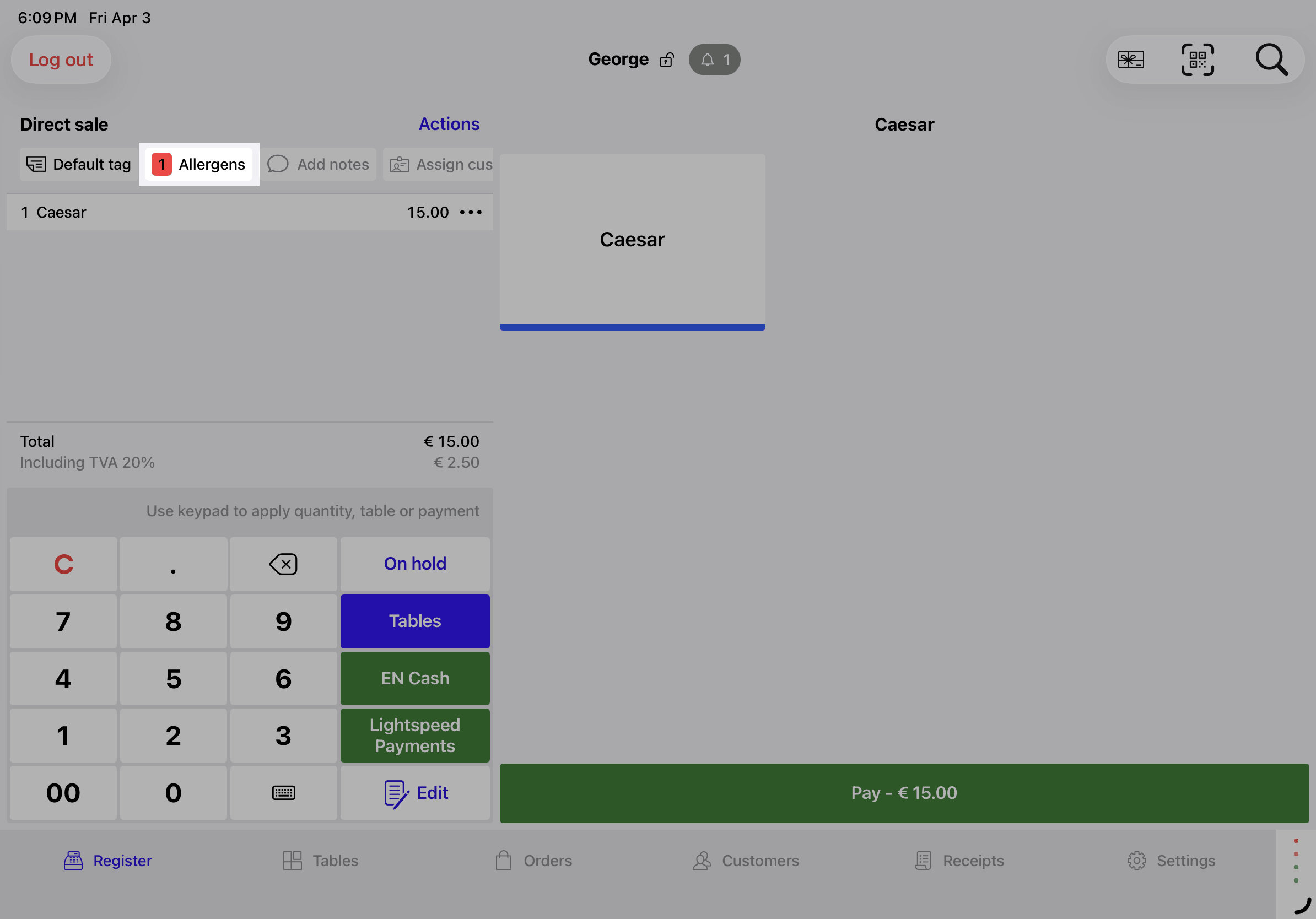 Order summary with the number of allergens added to the order highlighted.