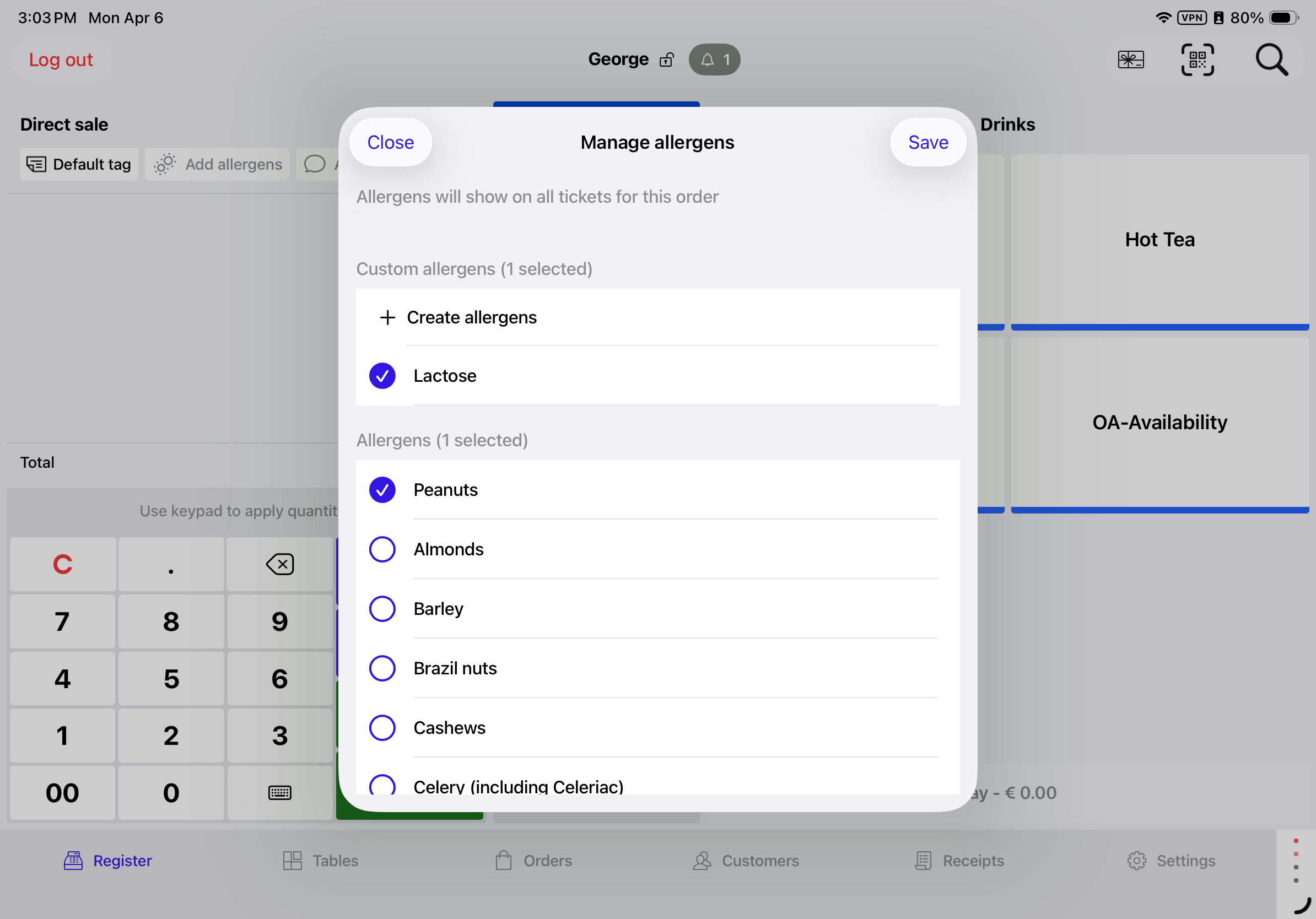 The "Manage allergens" pop-up with a custom allergen ("Lactose") and pre-created allergen ("Peanuts") selected.