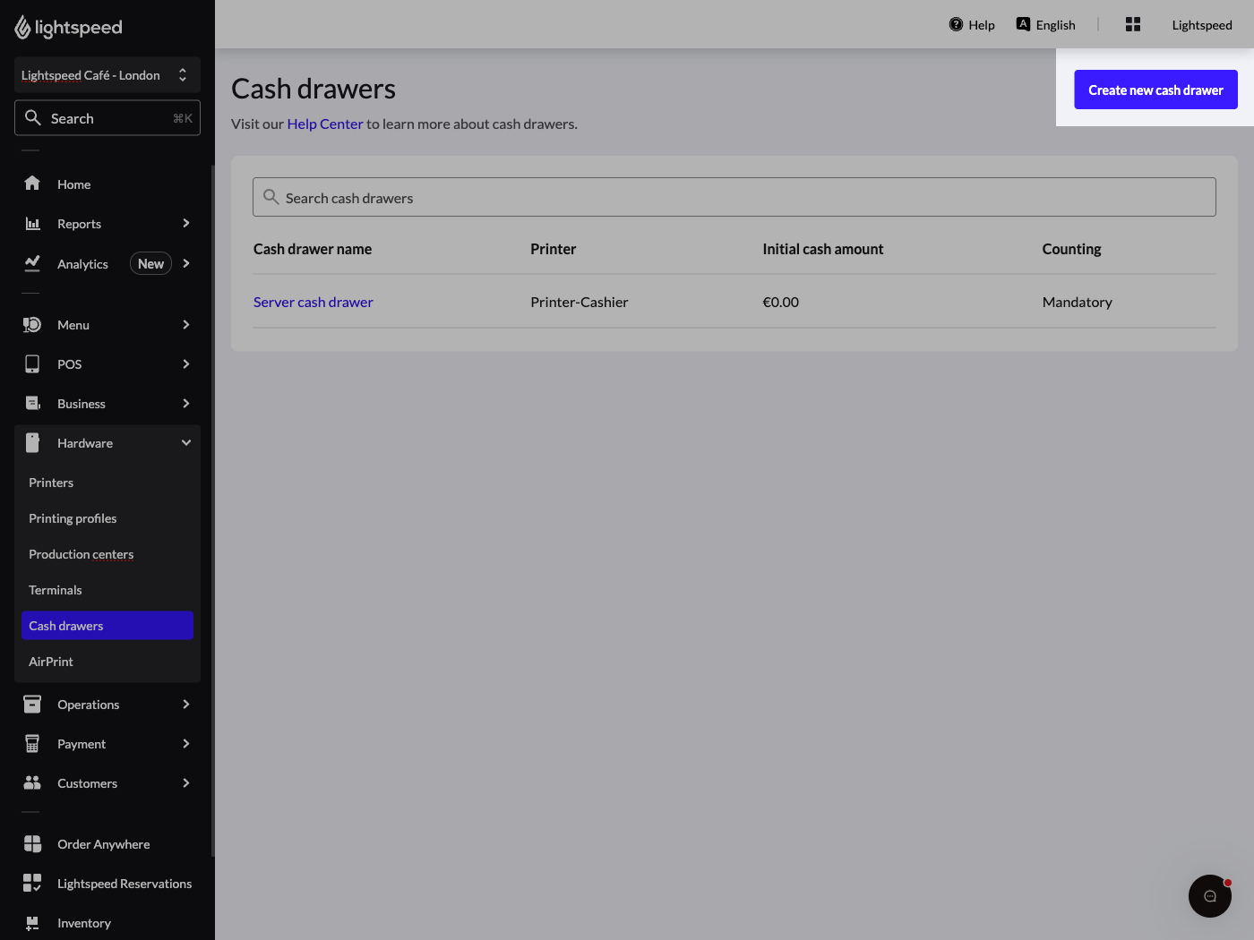 'Cash drawers' homepage in the Back Office with the 'Create' button highlighted.