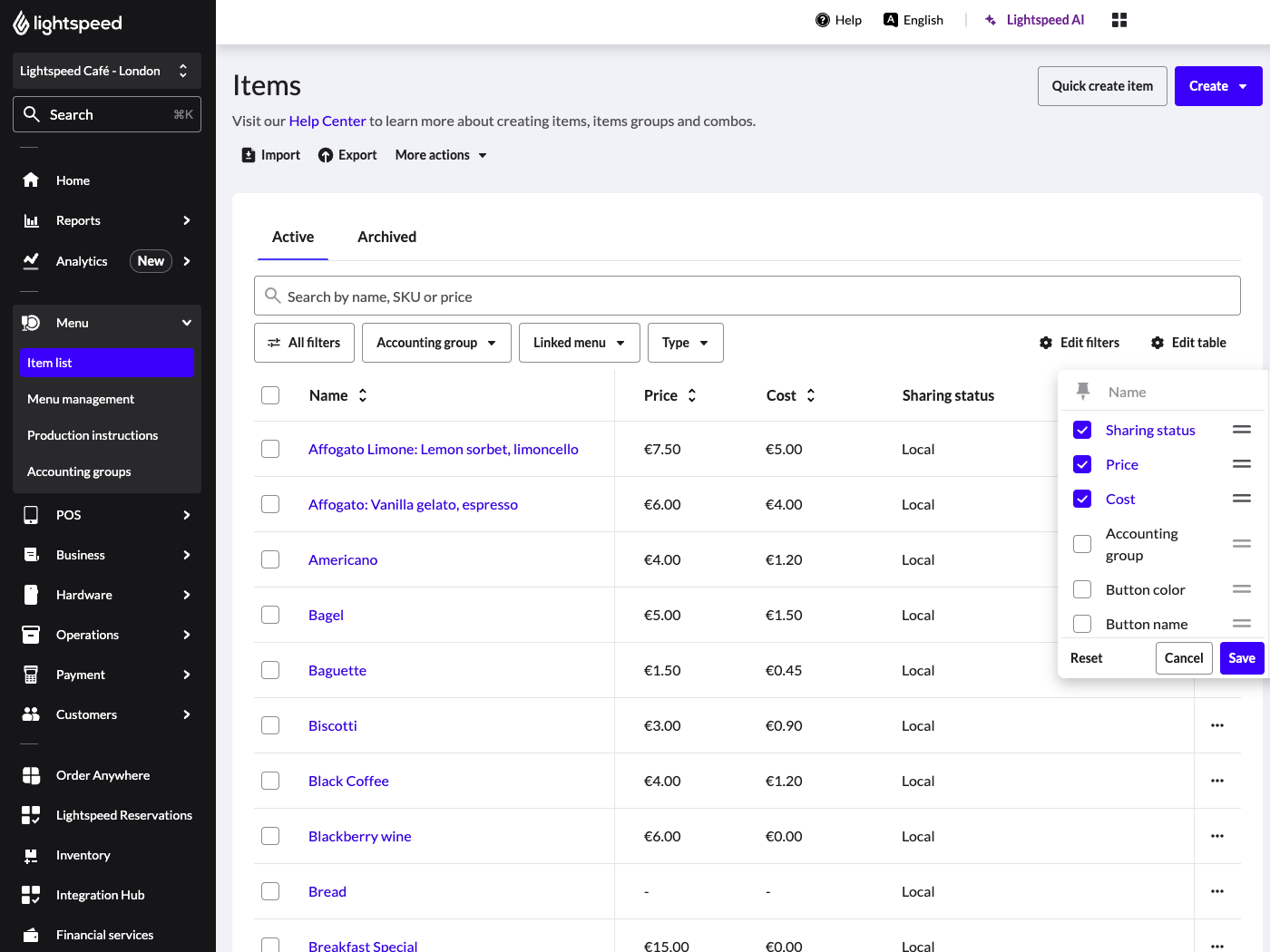 The menu items table with an open window to edit the columns visible on the table.