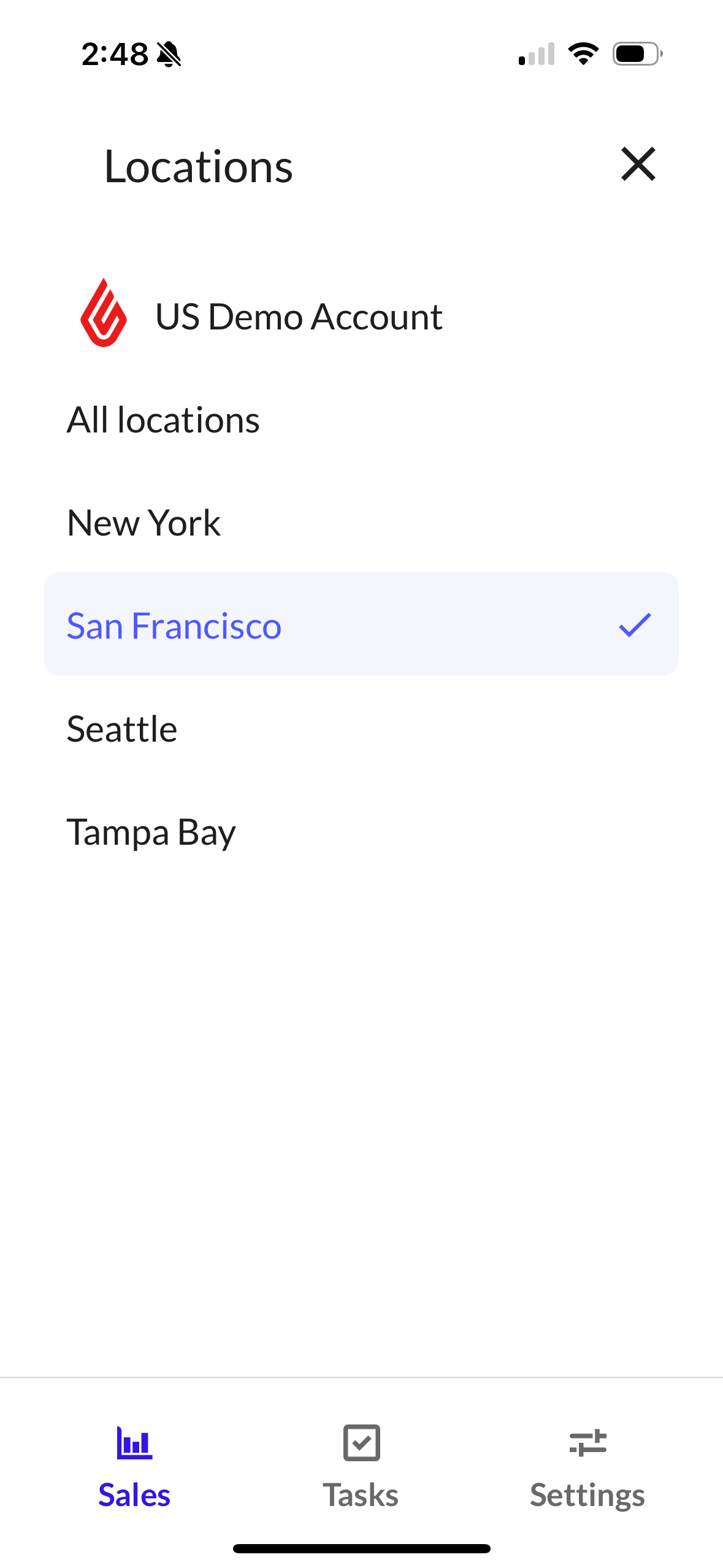Lightspeed Pulse location switcher showing all locations and individual locations, with one location selected.