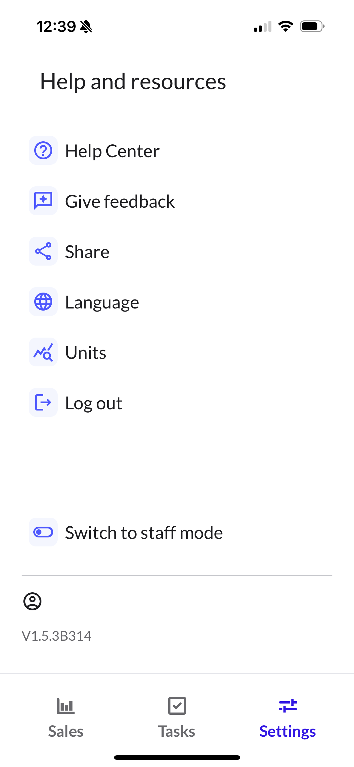 Settings tab in Lightspeed Pulse, showing the help and resources menu. Refer to above for long description.